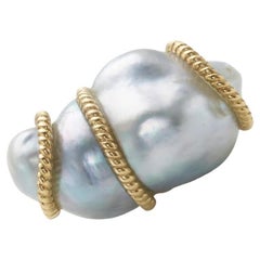 Fei Liu Baroque Pearl and Diamond 18ct Yellow Gold Nautical Cocktail Ring