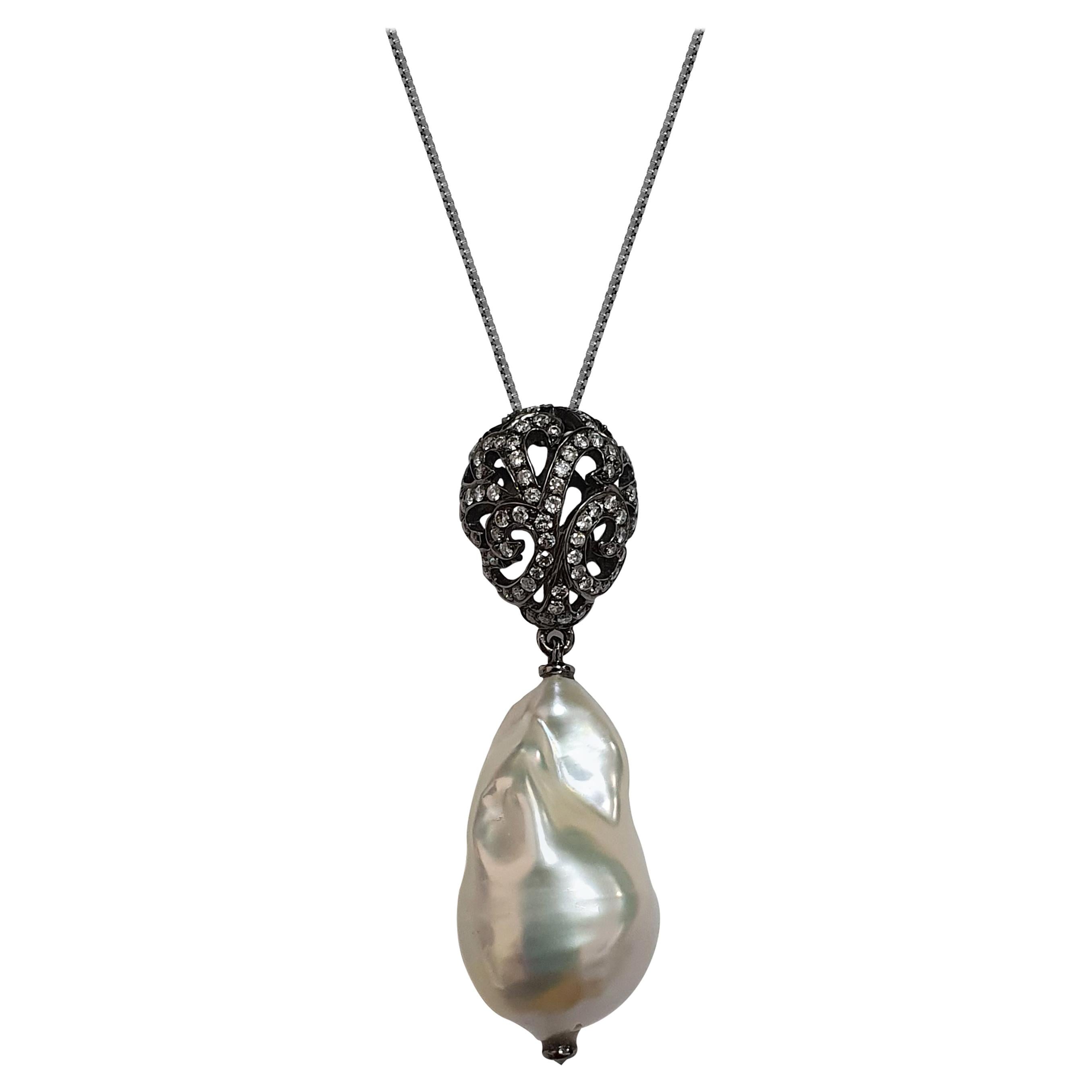 Fei Liu Baroque Pearl Diamond 18 Karat Black Gold Egg Pendant Necklace
