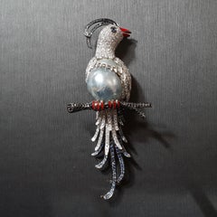 Fei Liu South Sea Pearl Diamond Sapphire Enamel 18 Karat White Gold Bird Brooch