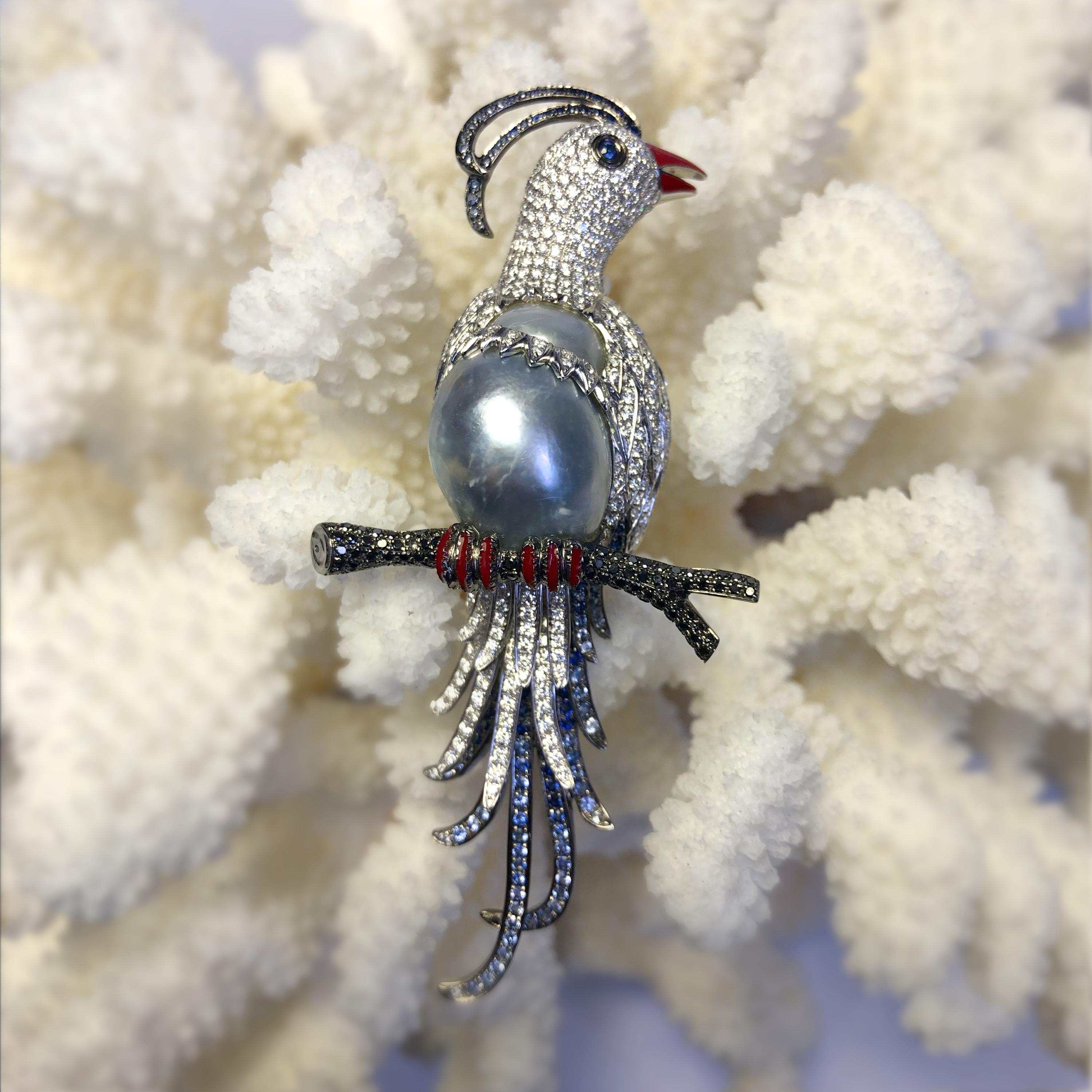 Contemporary Fei Liu South Sea Pearl Diamond Sapphire Enamel 18 Karat White Gold Bird Brooch