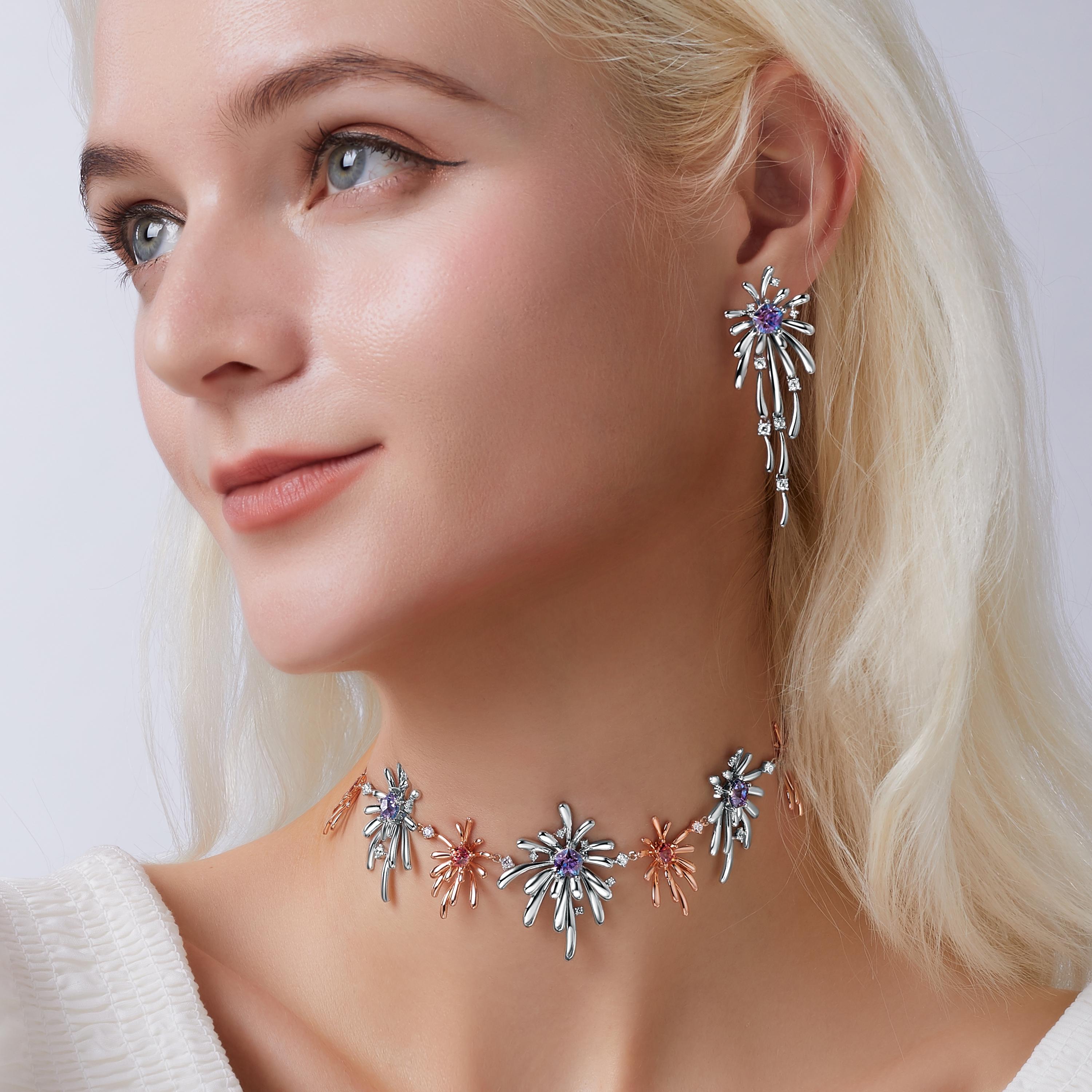 Fei Liu Bicolour Pentagon Star Cubic Zirconia Sterling Silver Choker Necklace In New Condition For Sale In Birmingham, GB