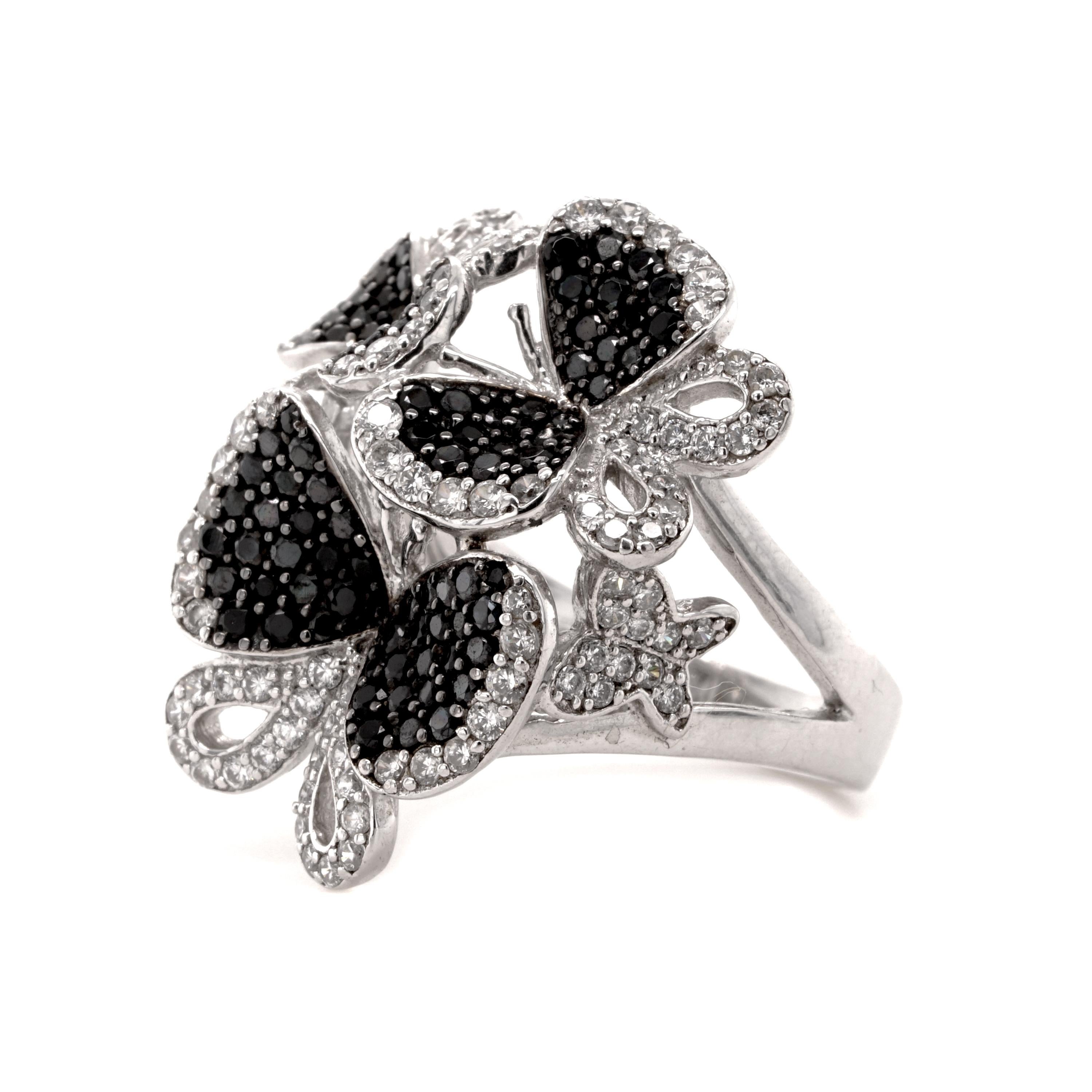 Contemporary Fei Liu Black and White Cubic Zirconia Sterling Silver Butterfly Cluster Ring For Sale