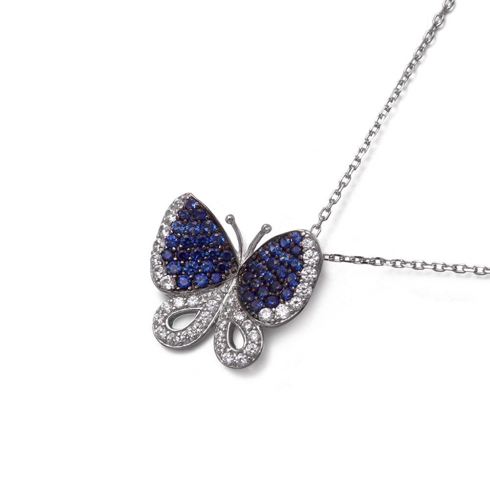 Contemporary Fei Liu Blue and White Cubic Zirconia 925 Silver Butterfly Pendant Necklace For Sale