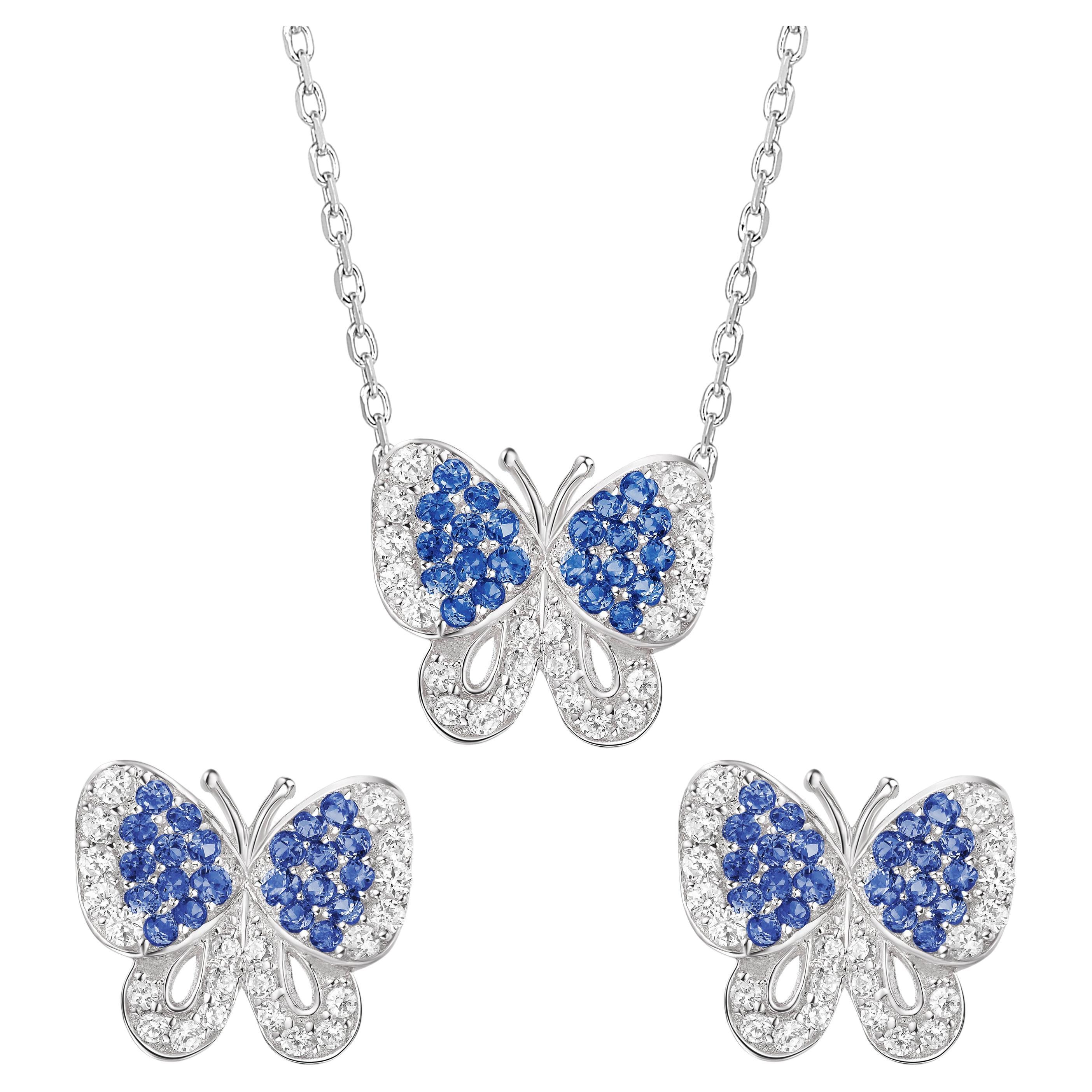 Fei Liu Blue and White Cubic Zirconia Sterling Silver Butterfly Jewellery Set For Sale