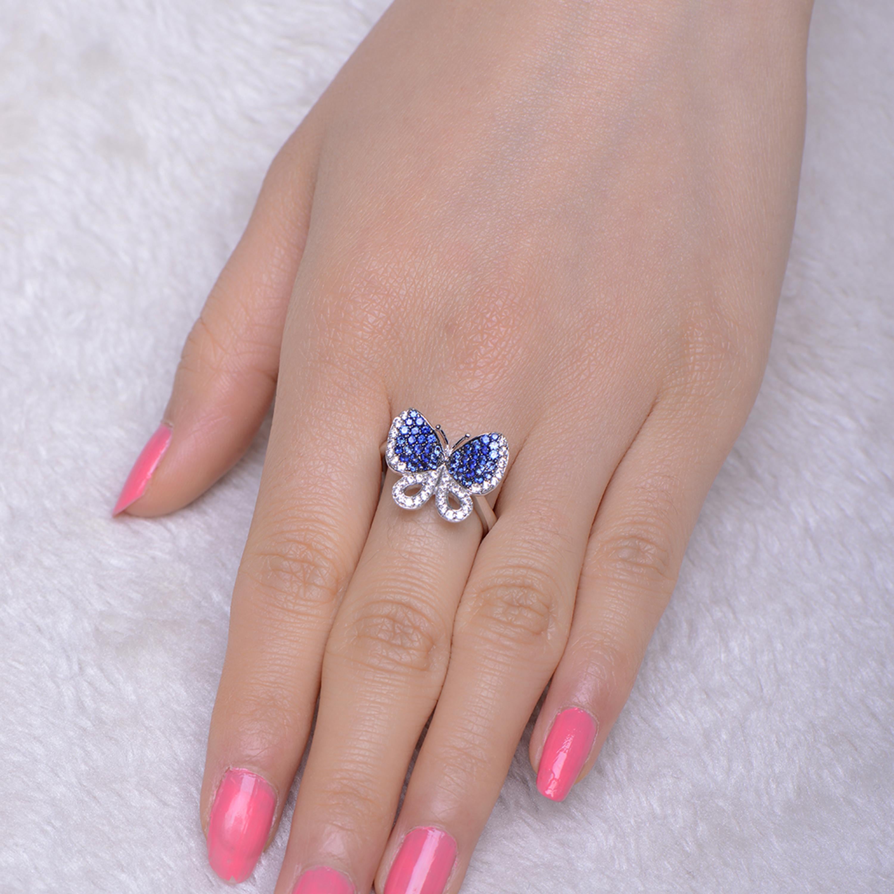 Contemporary Fei Liu Blue and White Cubic Zirconia Sterling Silver Butterfly Ring For Sale