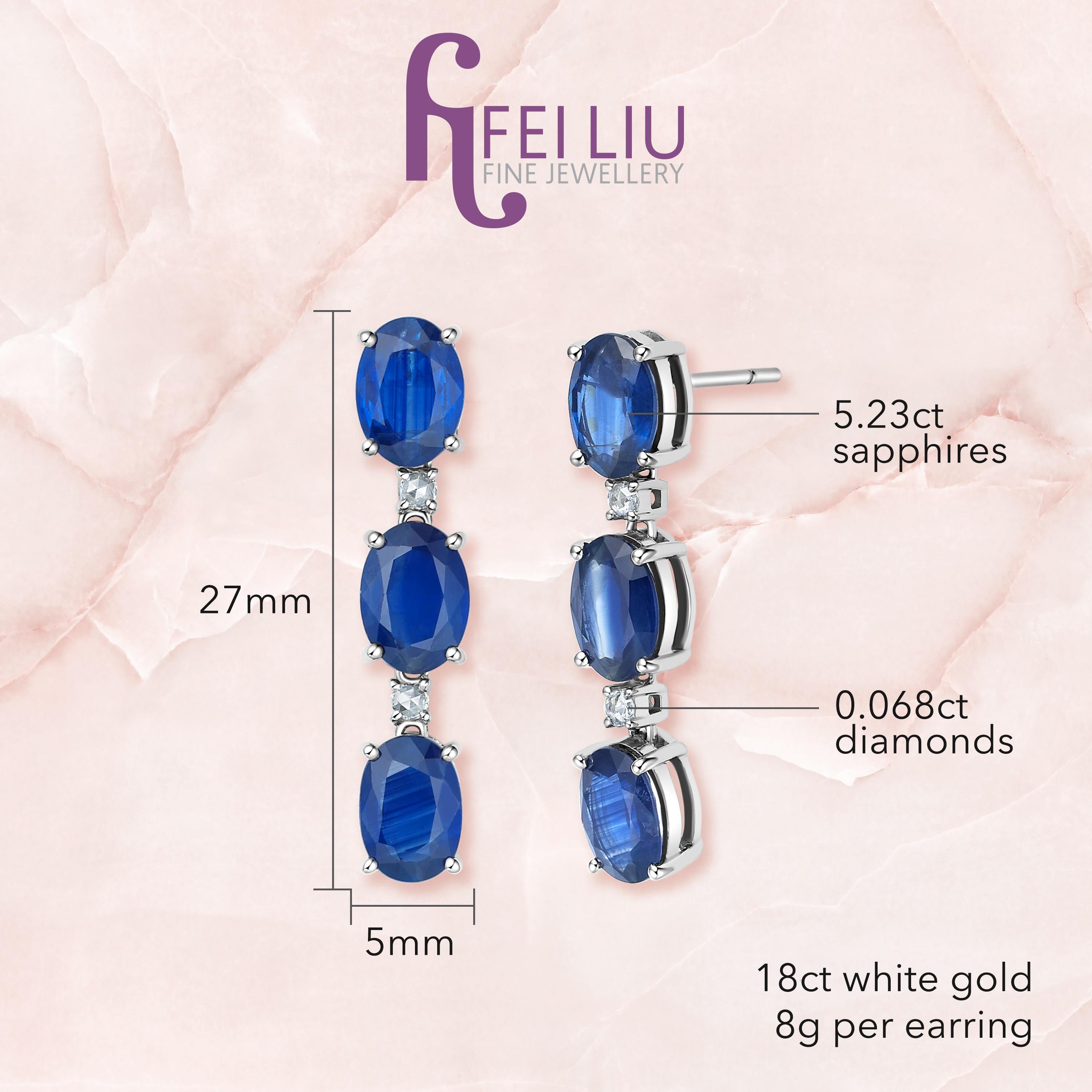 Oval Cut Fei Liu Blue Sapphire Diamond White Gold Drop Earrings