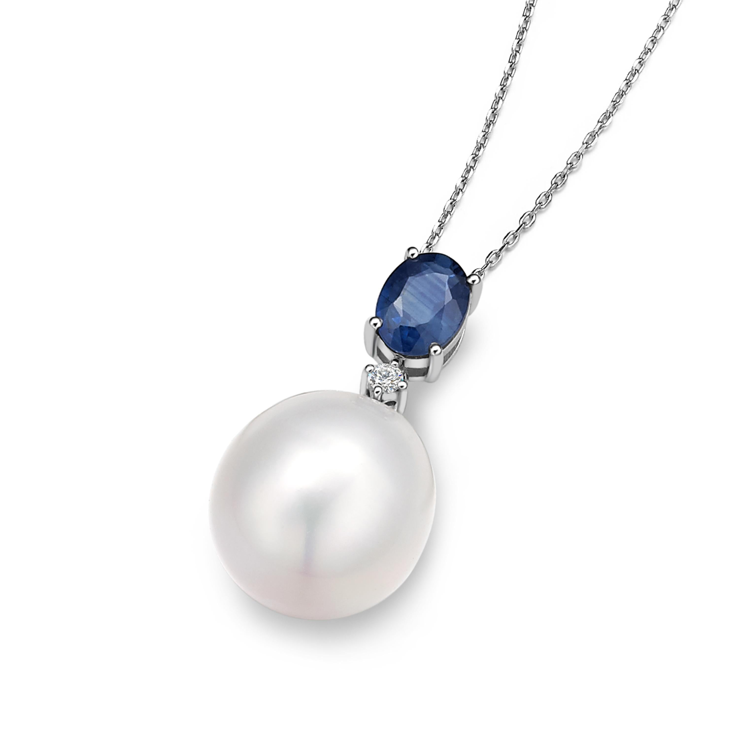 Description:
Pendant with 0.98ct blue sapphire, 0.027ct white diamonds and 14mm x 13mm freshwater pearl. Set in 18ct white gold. Chain length is 16 inches.

Inspiration:
This Fei Liu pendant combines some of the most durable gemstones to create a