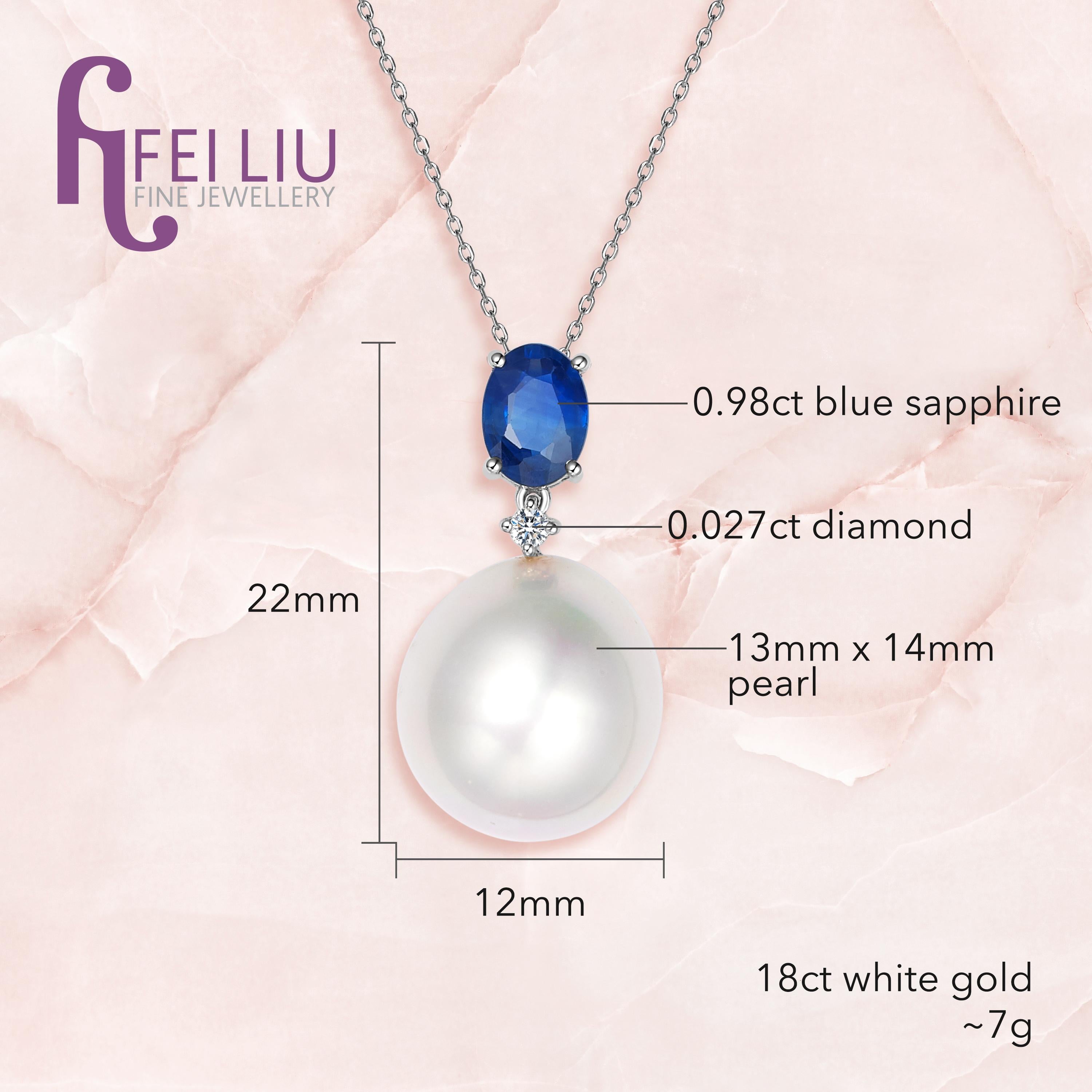 Oval Cut Fei Liu Blue Sapphire Pearl Diamond 18 Karat White Gold Pendant Necklace
