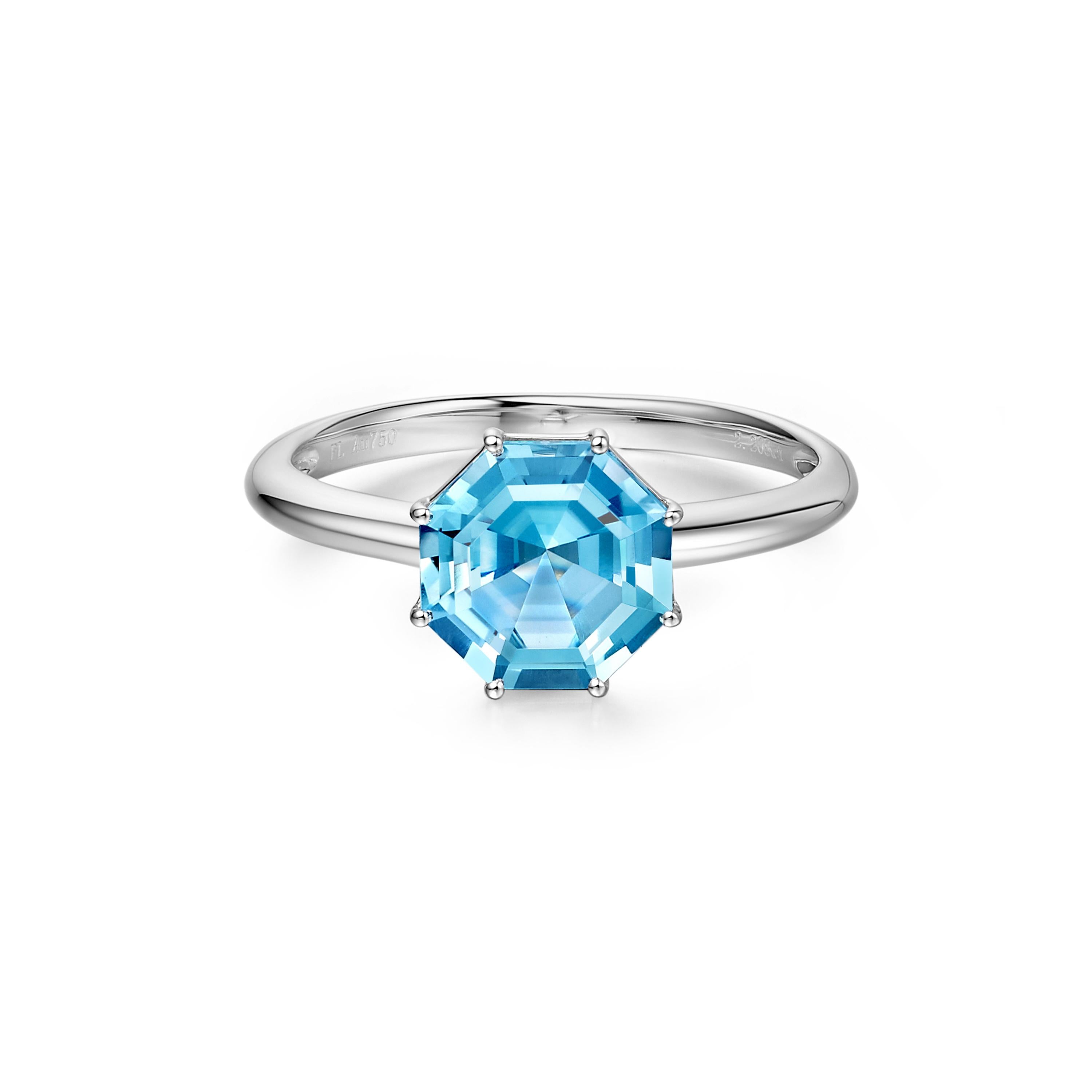 Description:
Victoriana small octagon cut ring with 2.23ct blue topaz set in 18ct white gold.

Ring sizes available: M (UK) / 6+1/4 (US) 

Inspiration:
A deluxe 18ct gold collection inspired by Victorian design. Fei Liu’s Victoriana collection