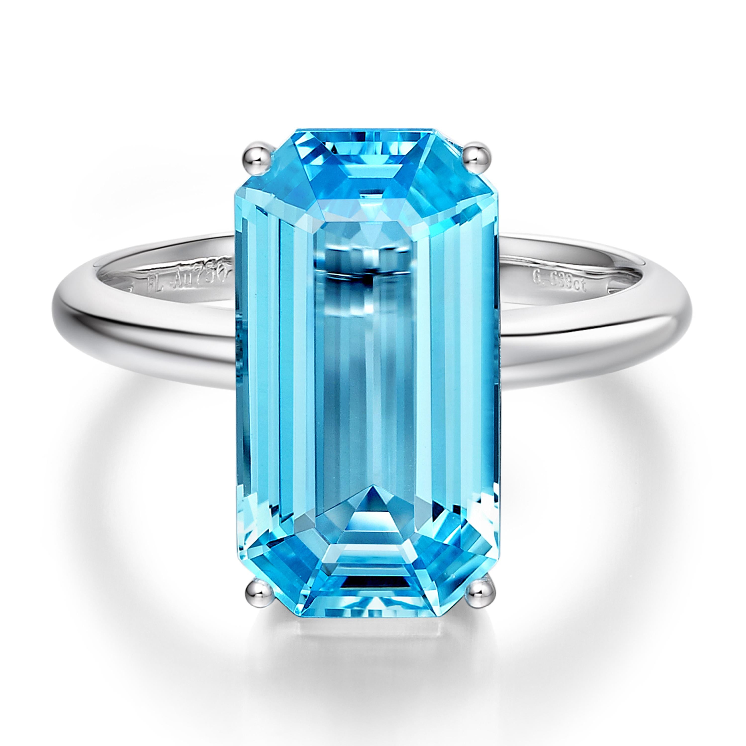 Description:
Victoriana emerald cut ring with 5.84ct blue topaz set in 18ct white gold.

Ring sizes available: N (UK) / 6+3/4 (US) 

Inspiration:
A deluxe 18ct gold collection inspired by Victorian design. Fei Liu’s Victoriana collection comprises