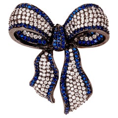 Fei Liu Blue Gem-Set Black Rhodium Plated 925 Silver Ribbon Bow Brooch