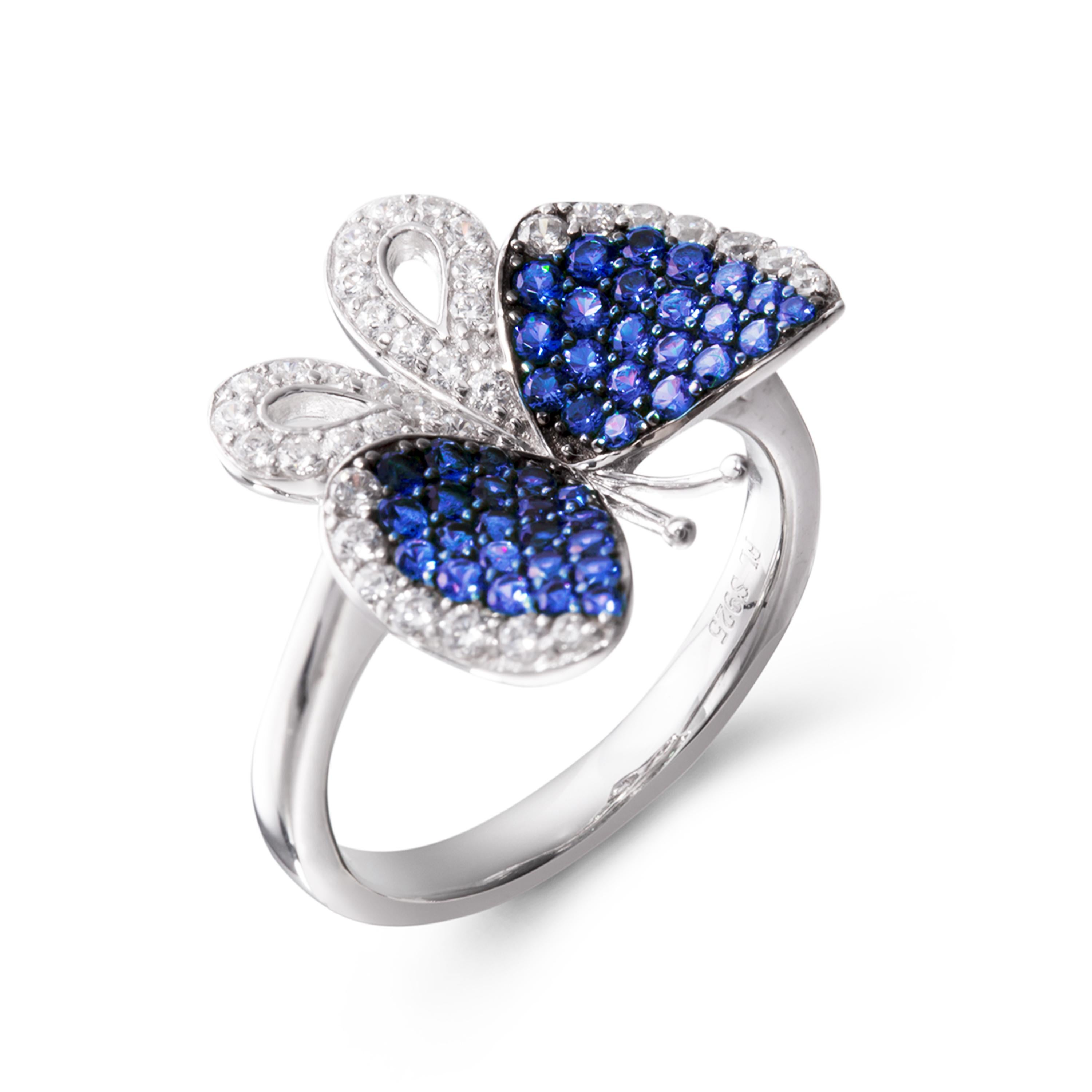 Butterfly captures the feminine essence and the carefree, joyful movement of these intricate and delicate creatures in sparkling weightless jewels. Butterfly ring with wings bejewelled in royal blue and white cubic zirconia set in white rhodium