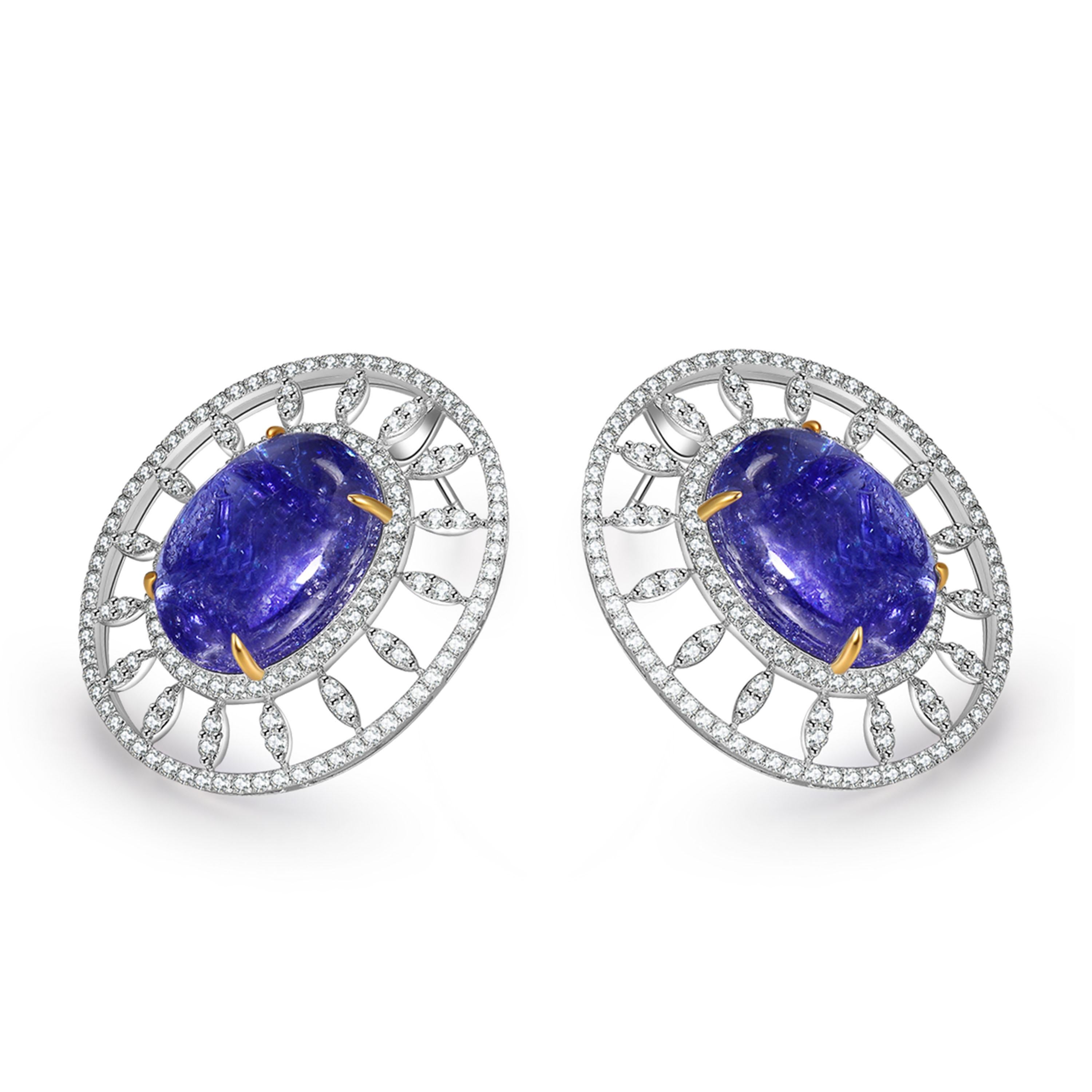 Cabochon Fei Liu Boulder Tanzanite Diamond 18 Karat White Gold Stud Earrings