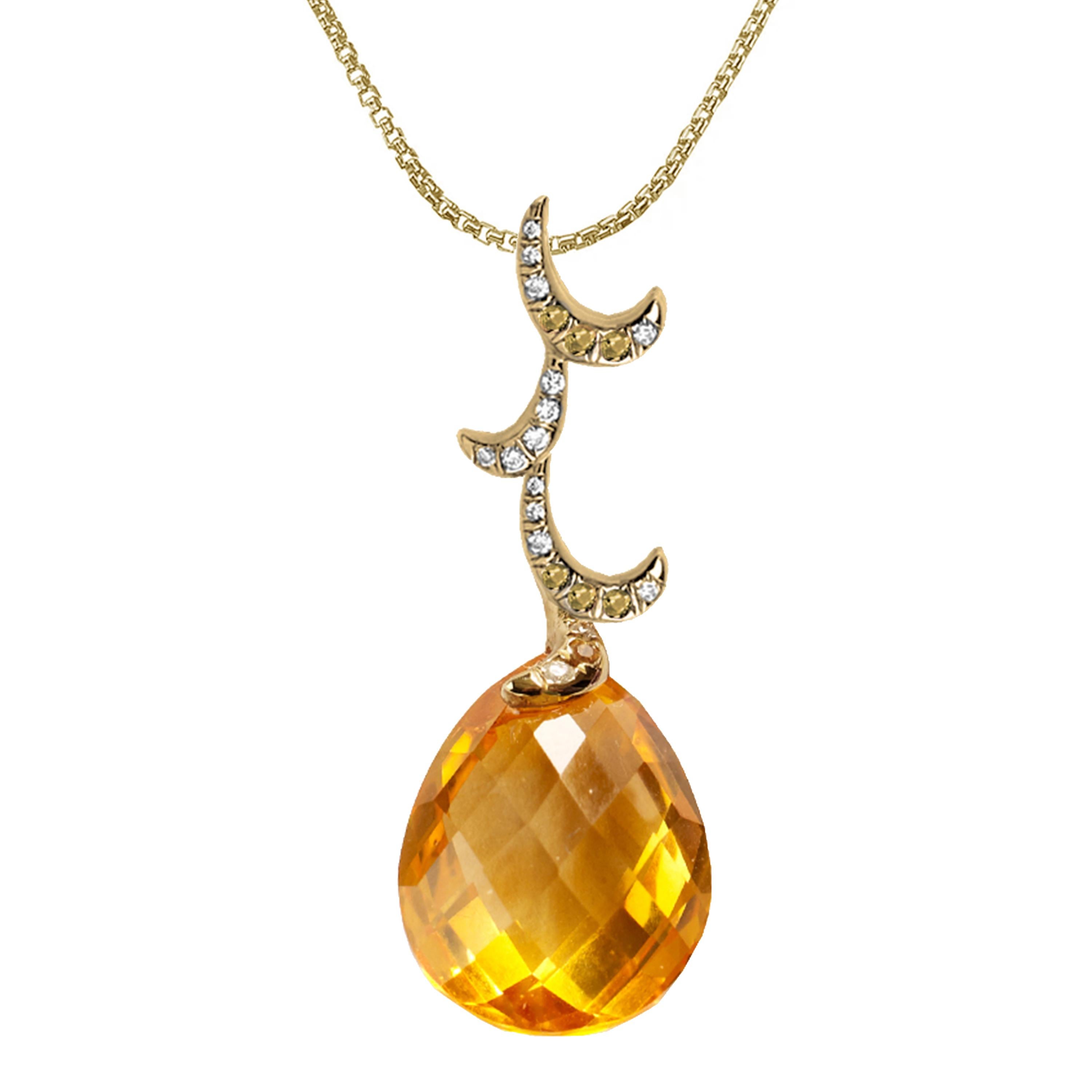 Description:
Whispering medium briolette pendant featuring a 13mm x 10mm citrine briolette and 0.10ct diamonds and 0.05ct citrines. Set in high polish 18ct yellow gold. Chain length is 16 inches.

Inspiration:
Emulating femininity and glamour, the
