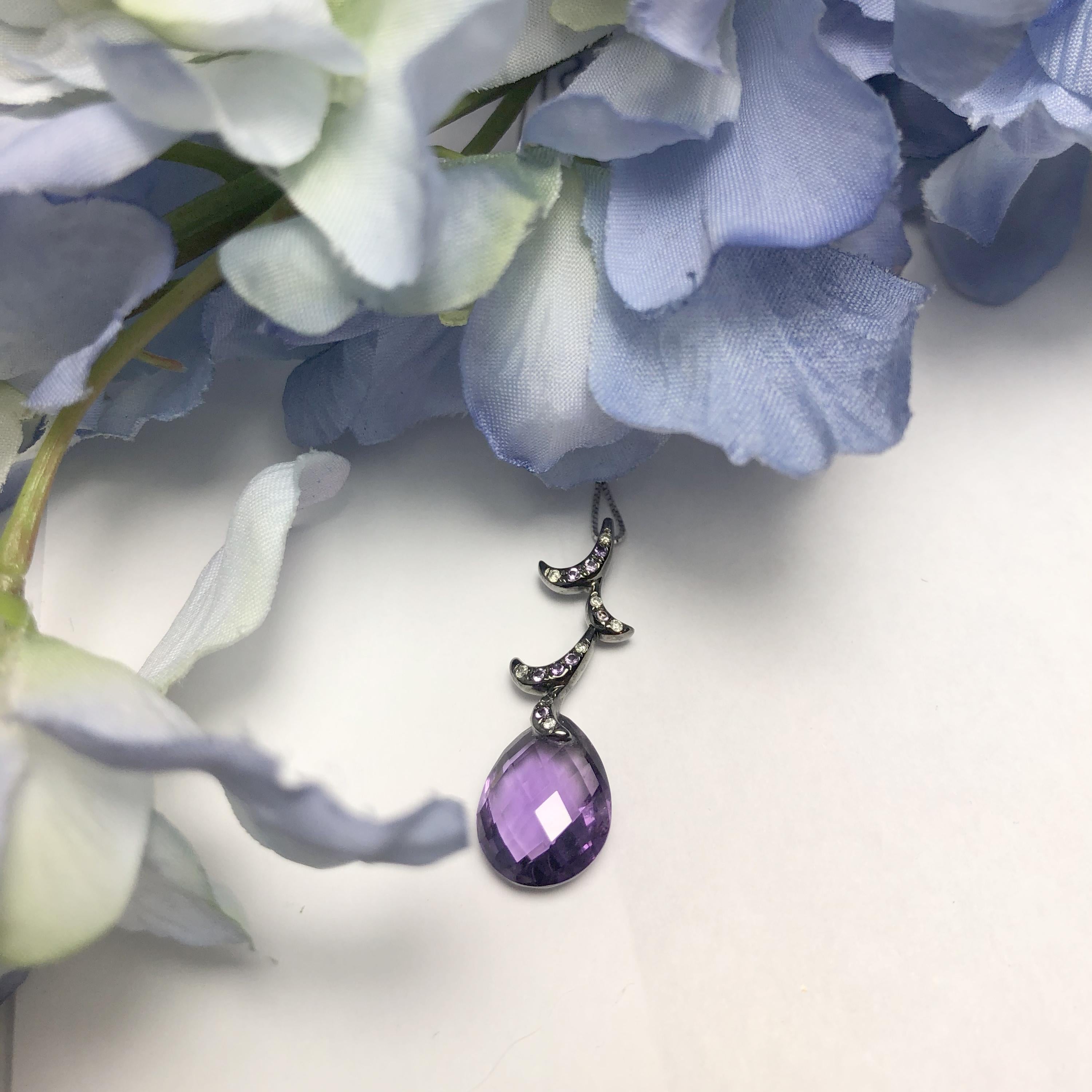 Contemporary Fei Liu Briolette Purple Amethyst Diamond 18 Karat White Gold Pendant Necklace