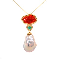 Fei Liu Carved Coral, Emerald, Dia and Baroque Pearl 18K Gold Pendant Necklace