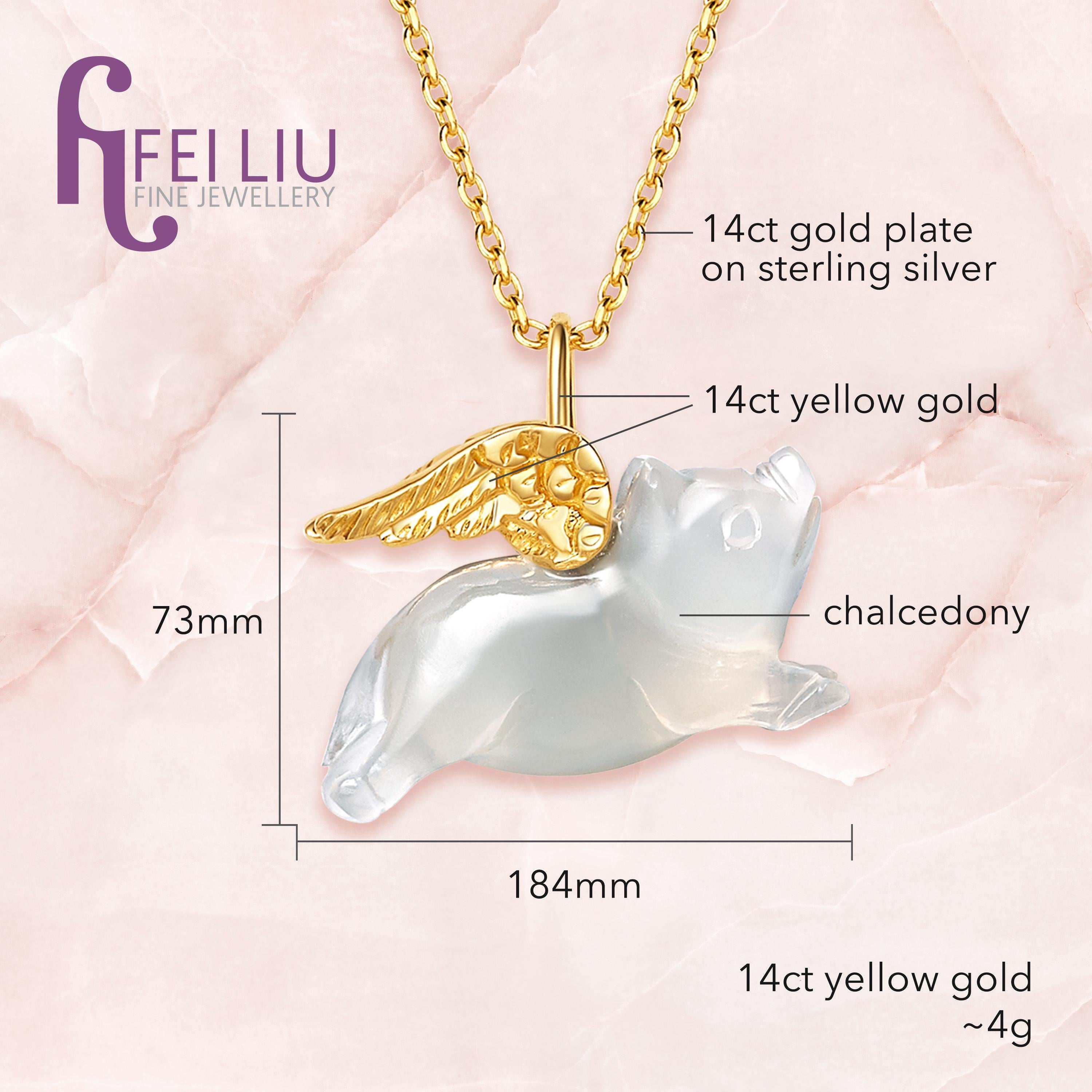 Contemporary Fei Liu Chalcedony Pig Yellow Gold Wings 14 Karat Necklace Bracelet