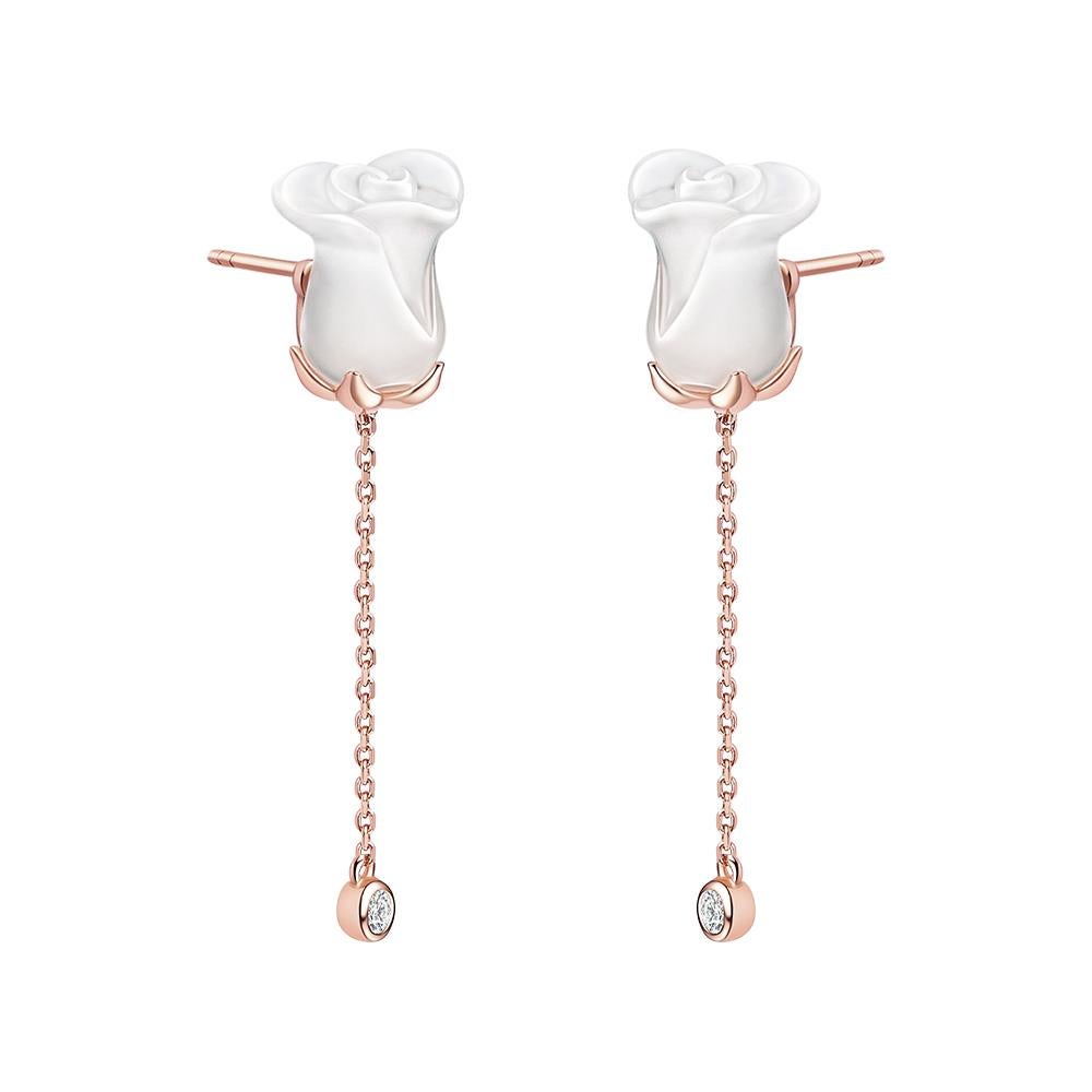 Contemporary Fei Liu Chalcedony Rose and Diamond 18K Two-Tone Gold Necklace and Earrings For Sale