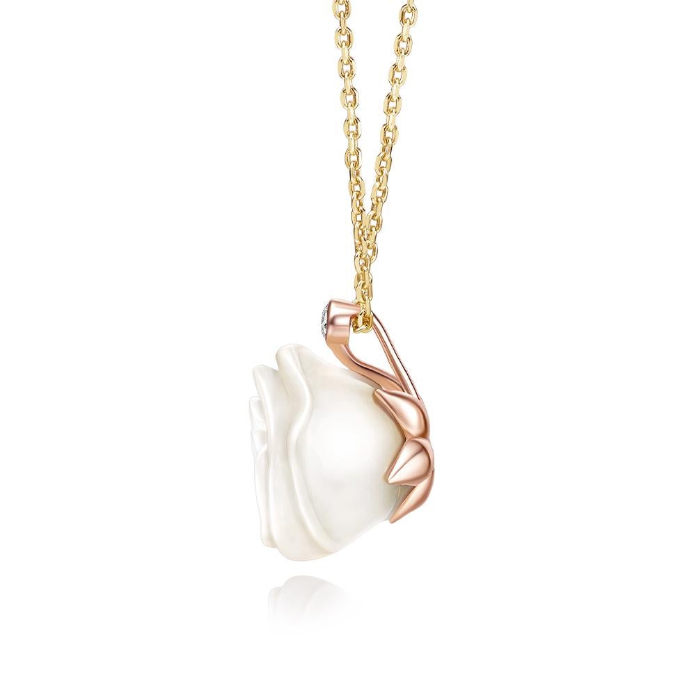 Mixed Cut Fei Liu Chalcedony Rose and Diamond 18K Two-Tone Gold Necklace and Earrings For Sale