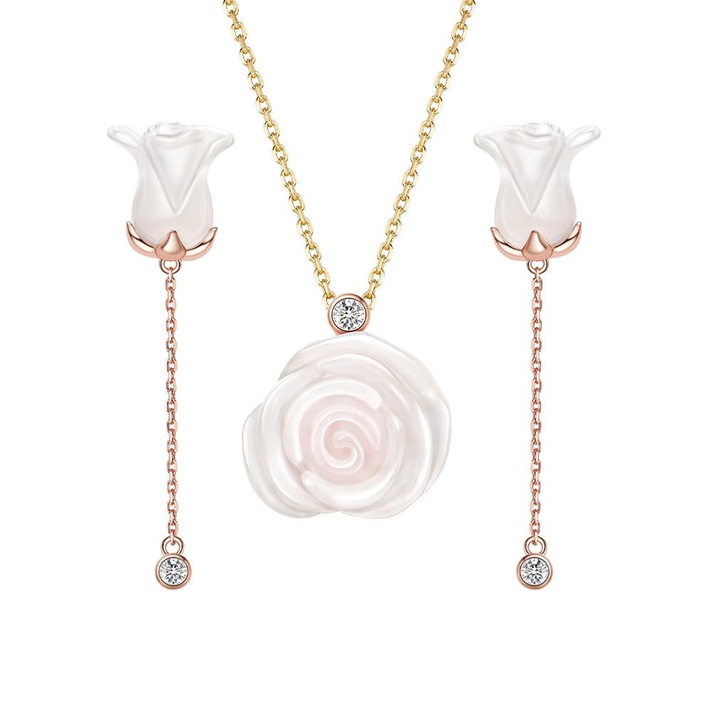 Fei Liu Chalcedony Rose and Diamond 18K Two-Tone Gold Necklace and Earrings