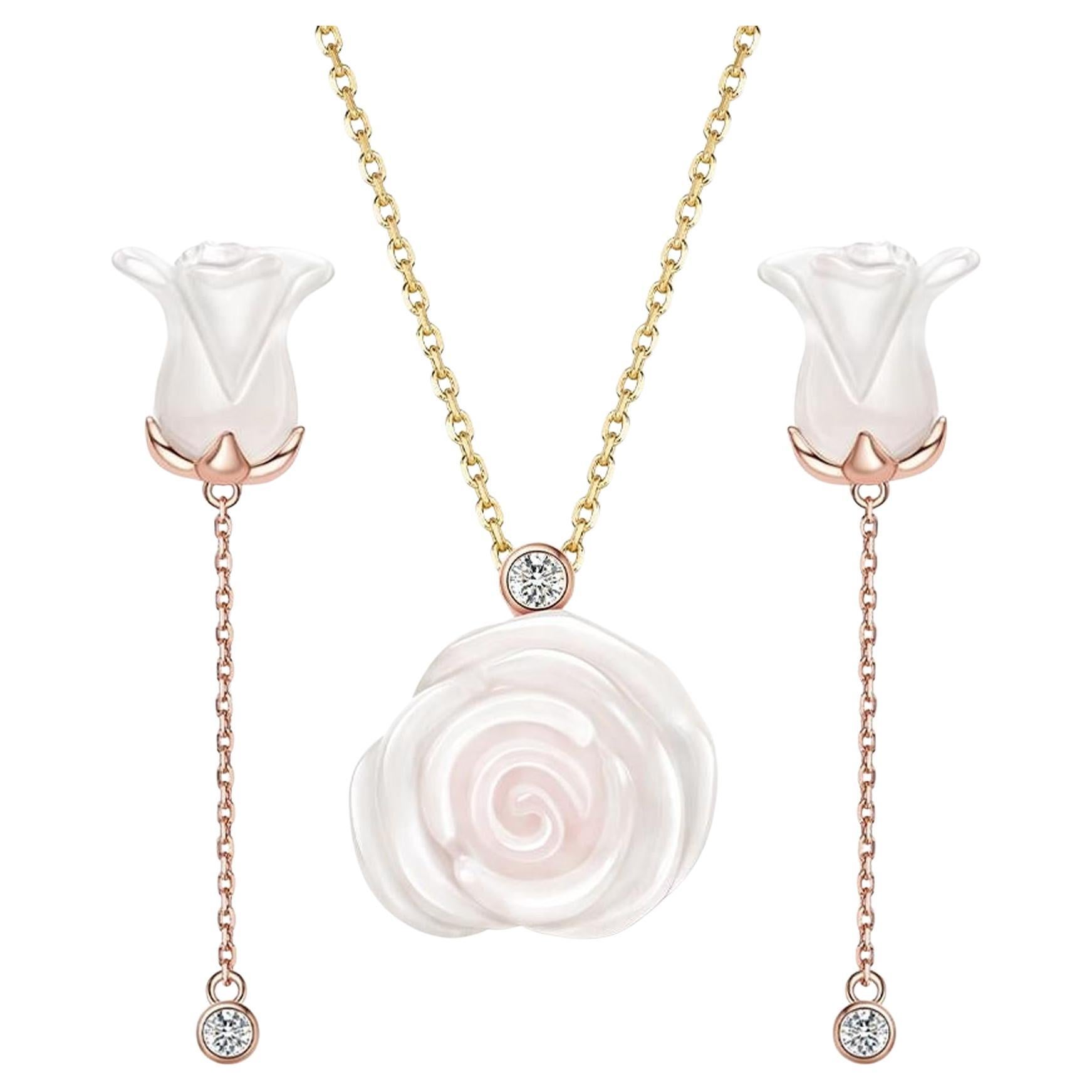 Fei Liu Collar y pendientes de oro bicolor de 18 quilates con calcedonia, rosa y diamantes en venta