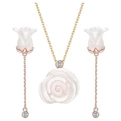 Fei Liu Chalcedony Rose and Diamond 18K Two-Tone Gold Necklace and Earrings
