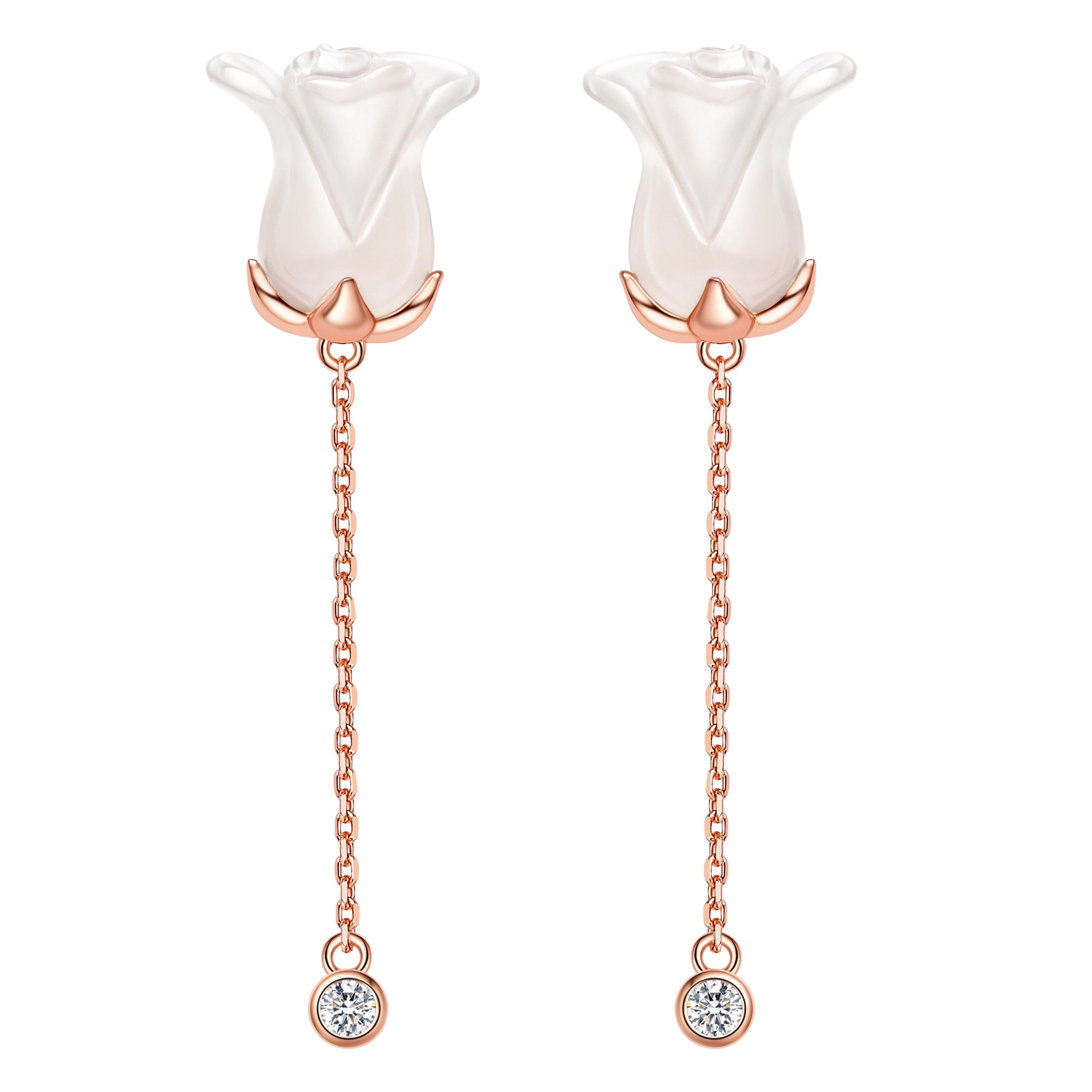 Rose Cut Fei Liu Chalcedony Rose Necklace and Earrings Set in Rose Gold Plated Silver