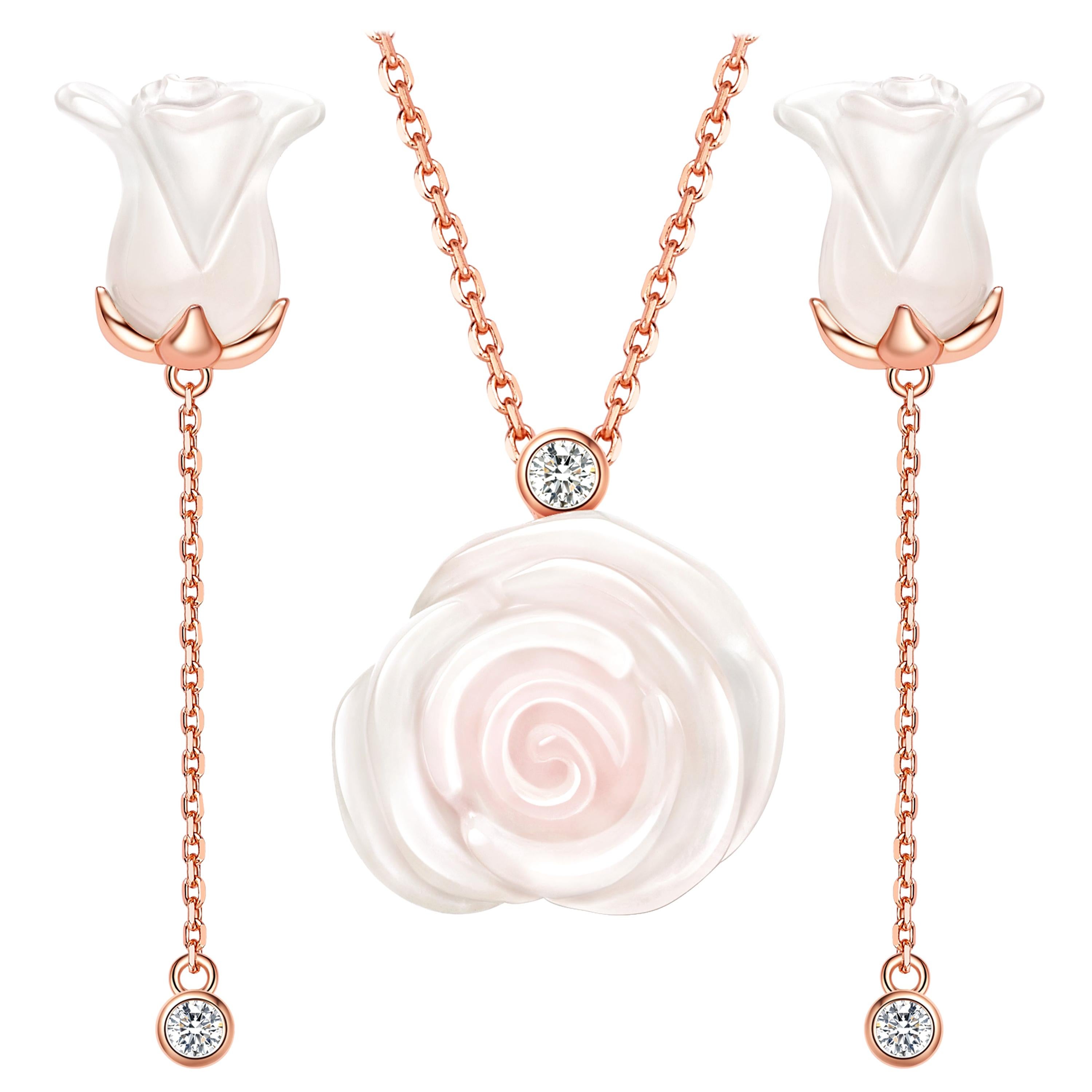 Fei Liu Chalcedony Rose Necklace and Earrings Set in Rose Gold Plated Silver
