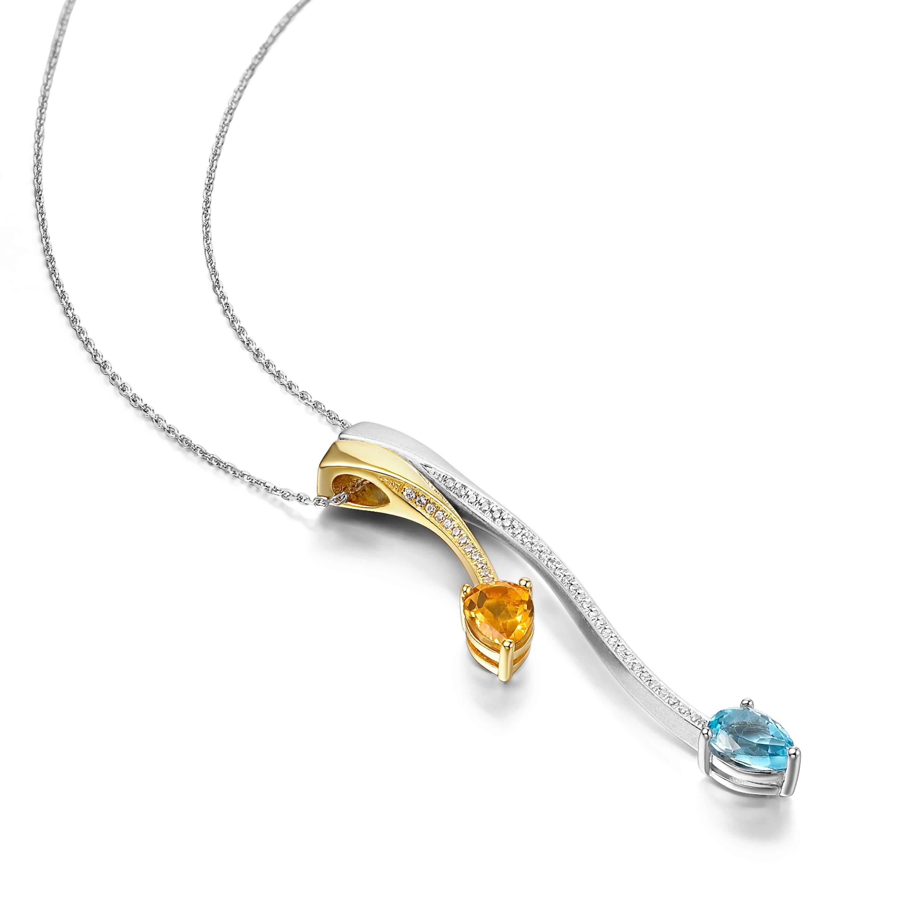Description:
Shooting Star two-tone pendant with pear cut blue topaz and citrine, and Hearts and Arrows* white cubic zirconia, set in brush polished white rhodium plate and mirror polished 18ct yellow gold plate on sterling silver.

*Hearts and