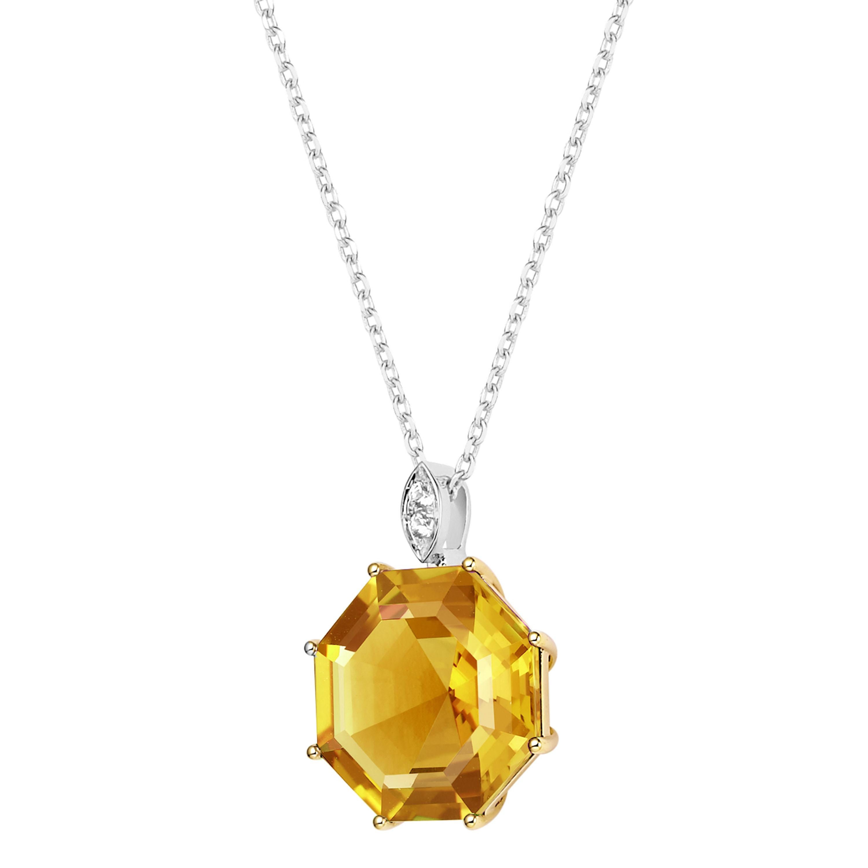 Description:
Victoriana large octagon pendant with 5ct citrine set in 18ct yellow gold, and 0.023ct white diamonds set in white rhodium plate on 18ct yellow gold. Chain length is 16 inches + 2 inch extension.

Inspiration:
A deluxe 18ct gold