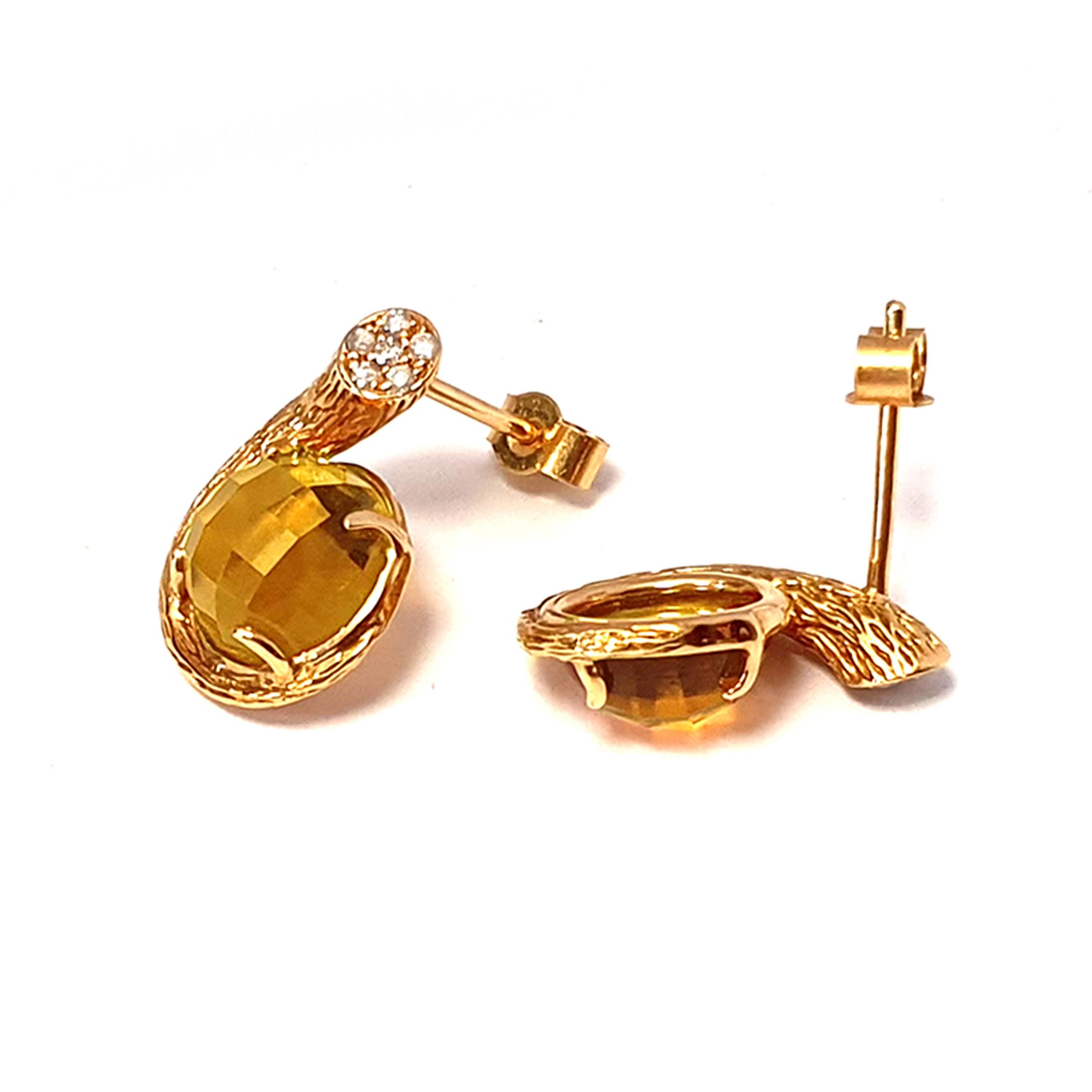 Contemporary Fei Liu Citrine Diamond Textured 18 Karat Yellow Gold Stud Earrings