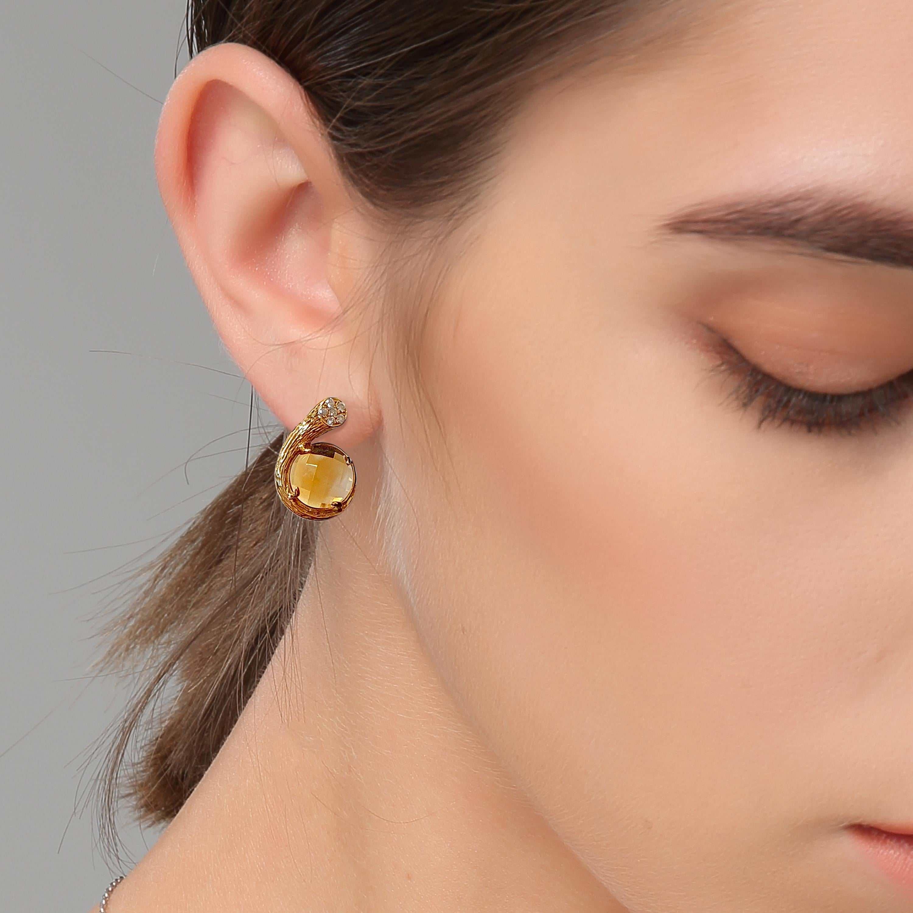 Briolette Cut Fei Liu Citrine Diamond Textured 18 Karat Yellow Gold Stud Earrings