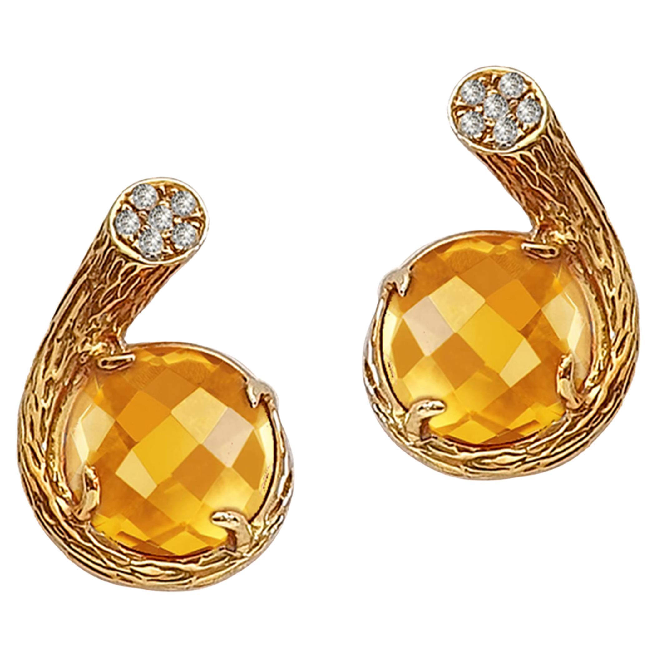 Fei Liu Citrine Diamond Textured 18 Karat Yellow Gold Stud Earrings