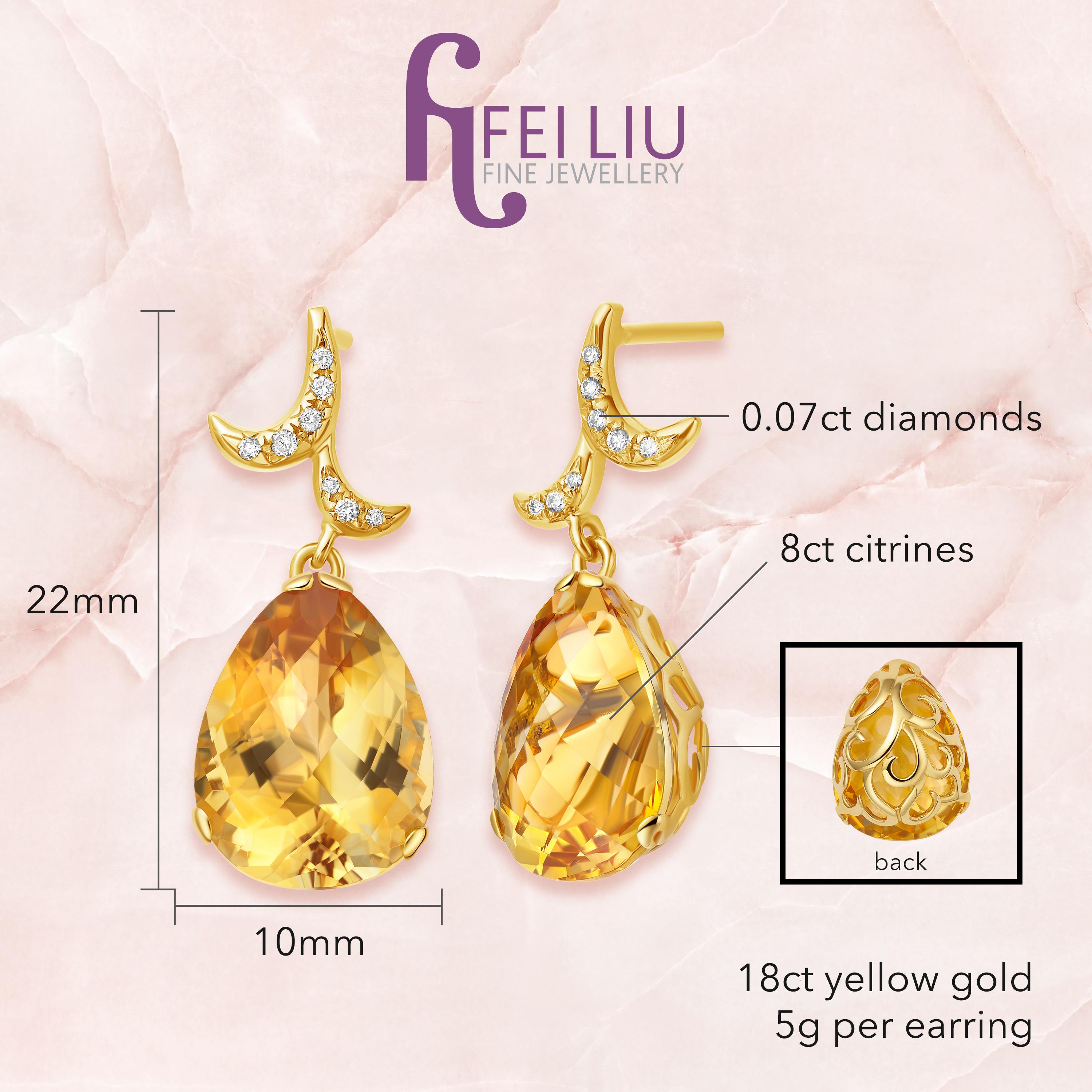 Description:
Whispering small pear stone drop earrings with 8ct citrines and 0.07ct diamonds, set in a 18ct yellow gold filigree setting.

Inspiration:
Emulating femininity and glamour, the Whispering collection is full of colour and form. Inspired