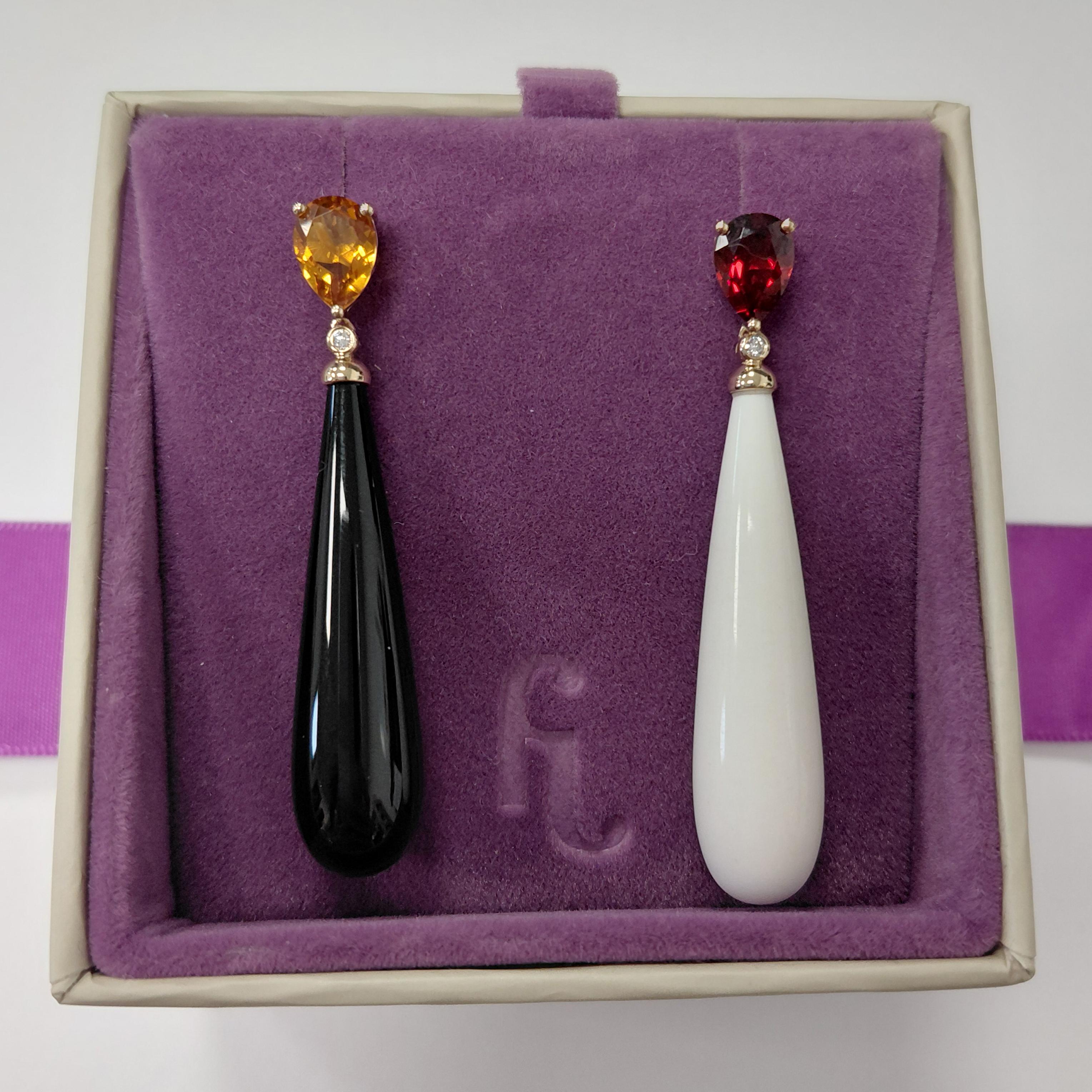 Taglio a goccia Fei Liu - Orecchini a goccia in oro 14ct con citrino, granato, diamante e onice in vendita