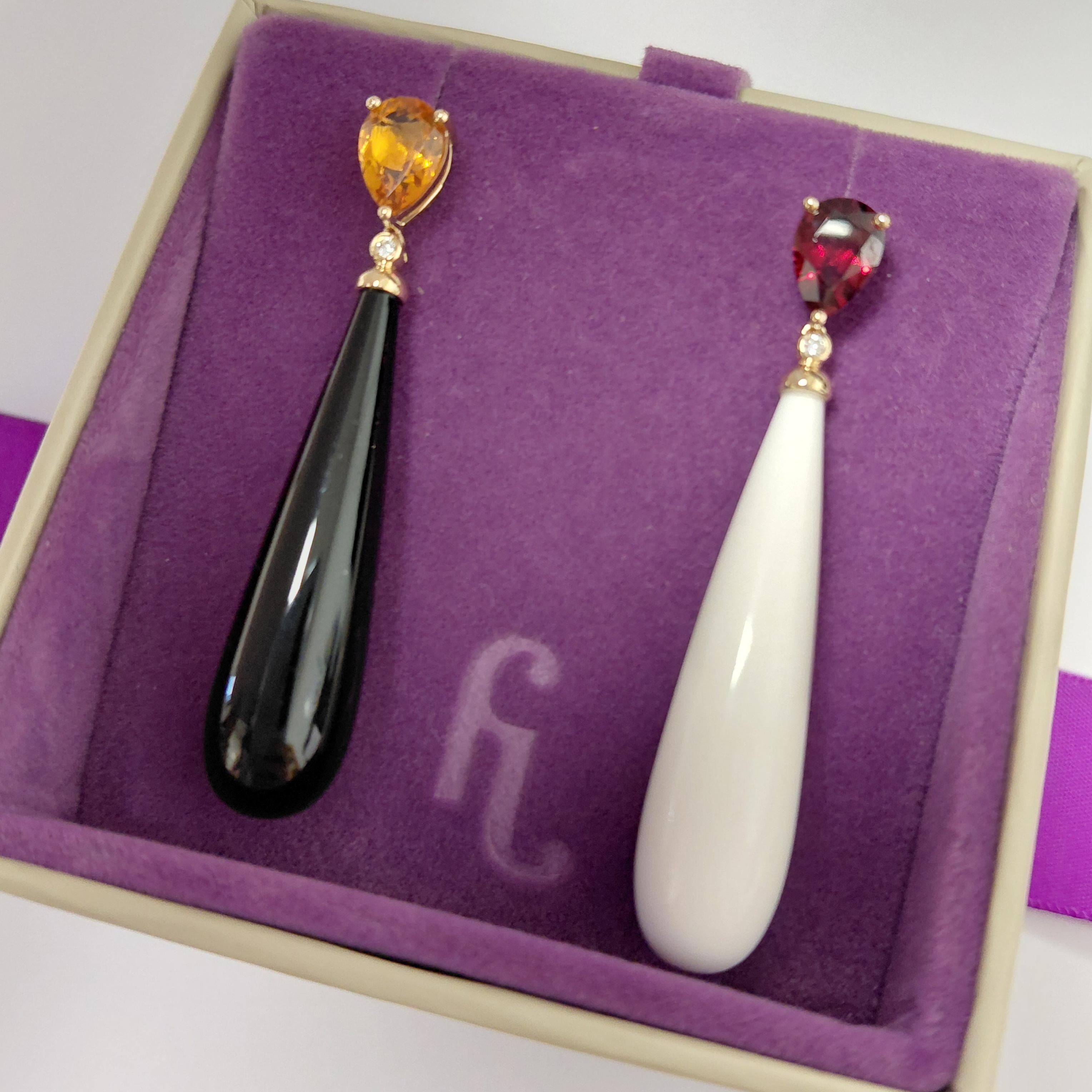 Donna Fei Liu - Orecchini a goccia in oro 14ct con citrino, granato, diamante e onice in vendita