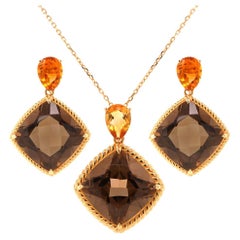 Fei Liu Citrine Smoky Quartz 18 Karat Yellow Gold Necklace Drop Earrings Set