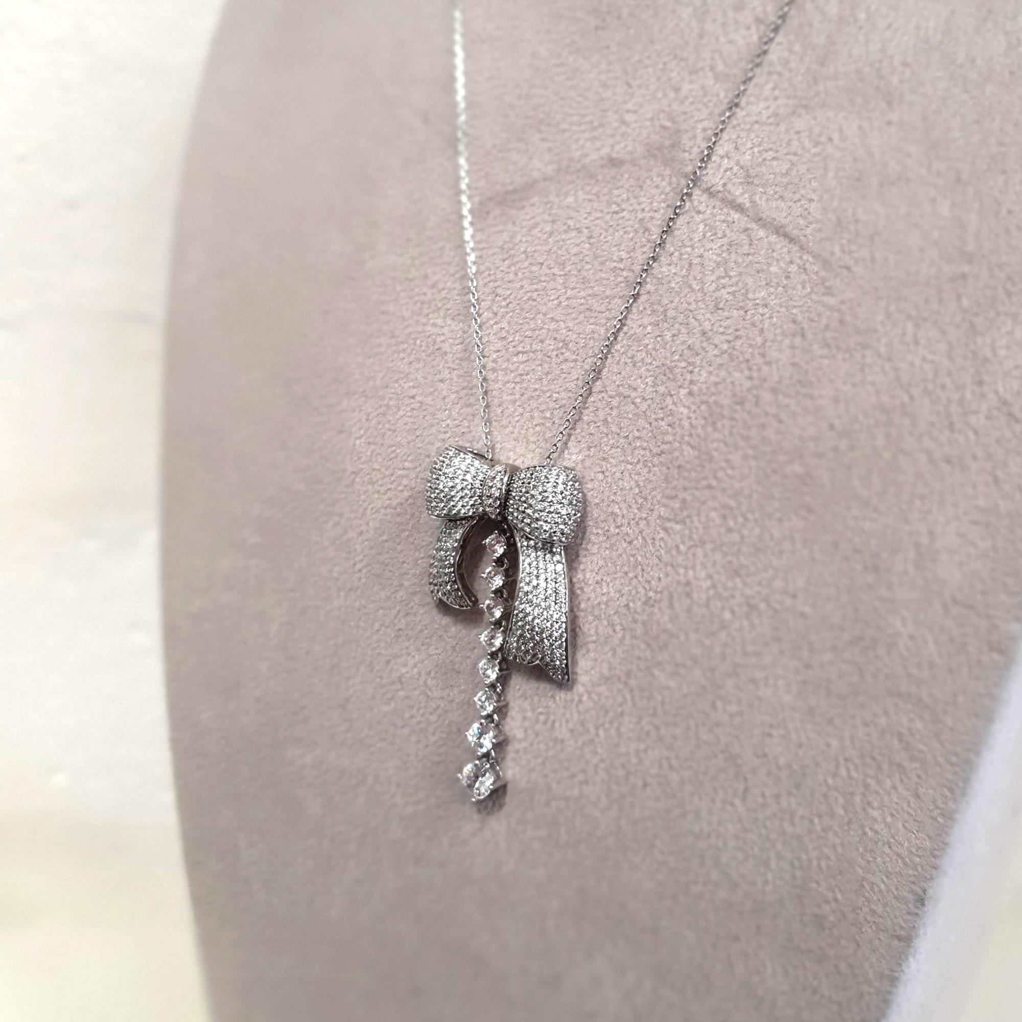 Fei Liu Cubic Zirconia Sterling Silver Bow Pendant Necklace In New Condition For Sale In Birmingham, GB