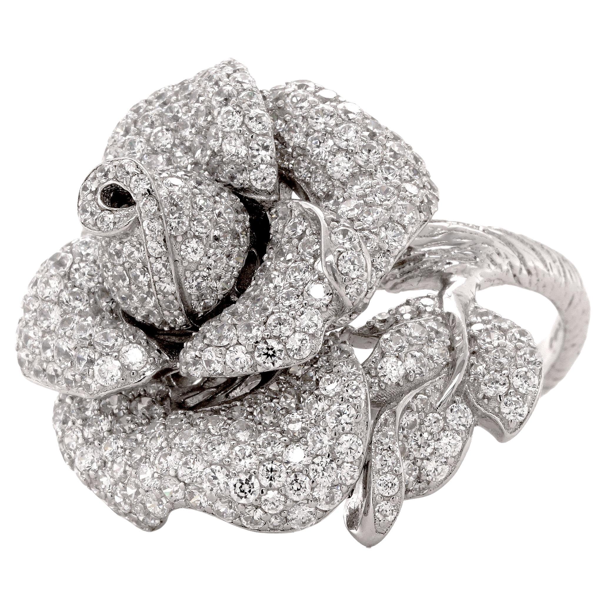Fei Liu Cubic Zirconia Sterling Silver Peony Cocktail Ring - Size M1/2 For Sale