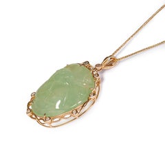 Fei Liu Bird Carved Prehnite Diamond 18 Karat Yellow Gold Statement Pendant
