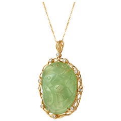 Fei Liu Cygnet Carved Prehnite Diamond 18 Karat Yellow Gold Statement Pendant