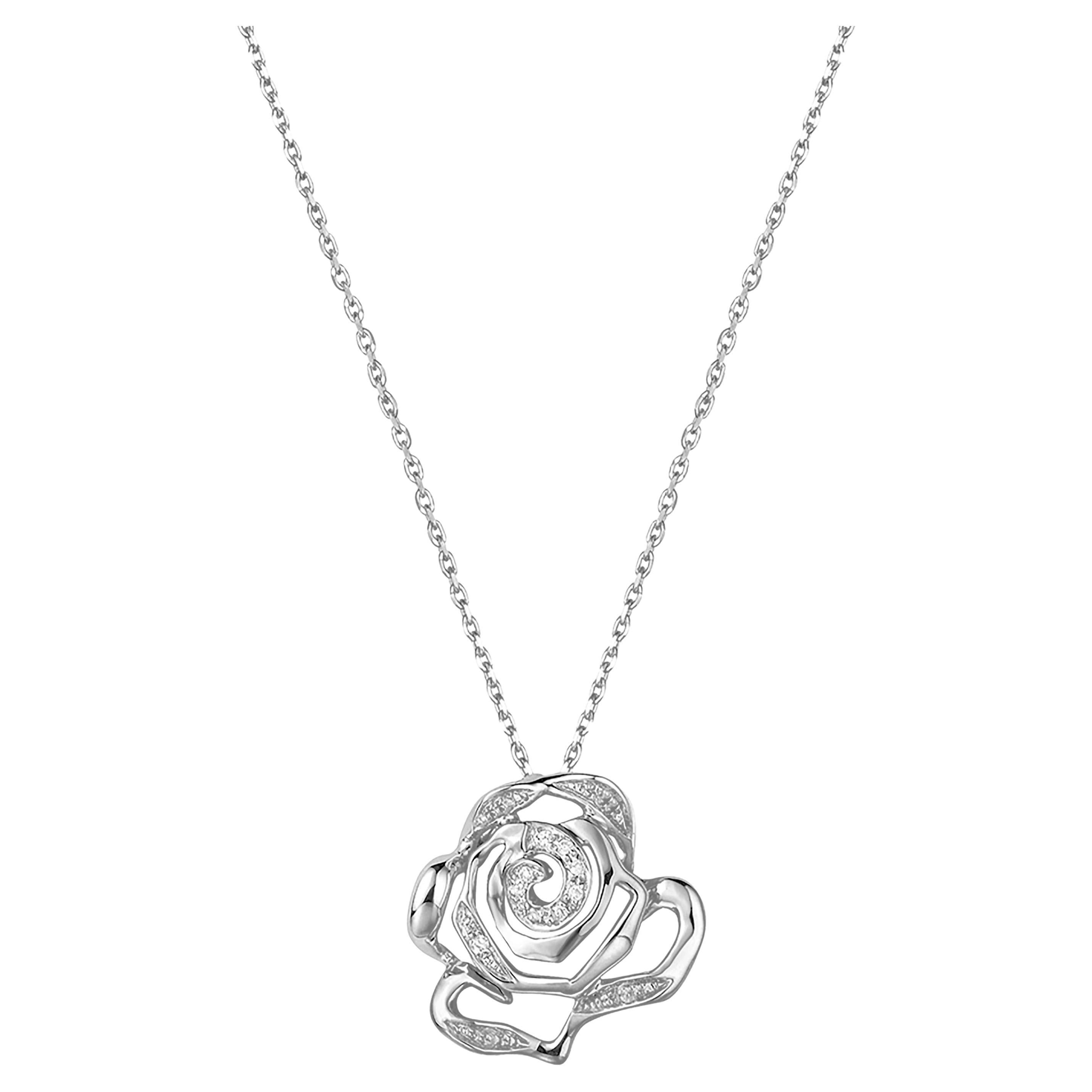 Fei Liu Diamond 18 Karat White Gold Rose Pendant Necklace For Sale