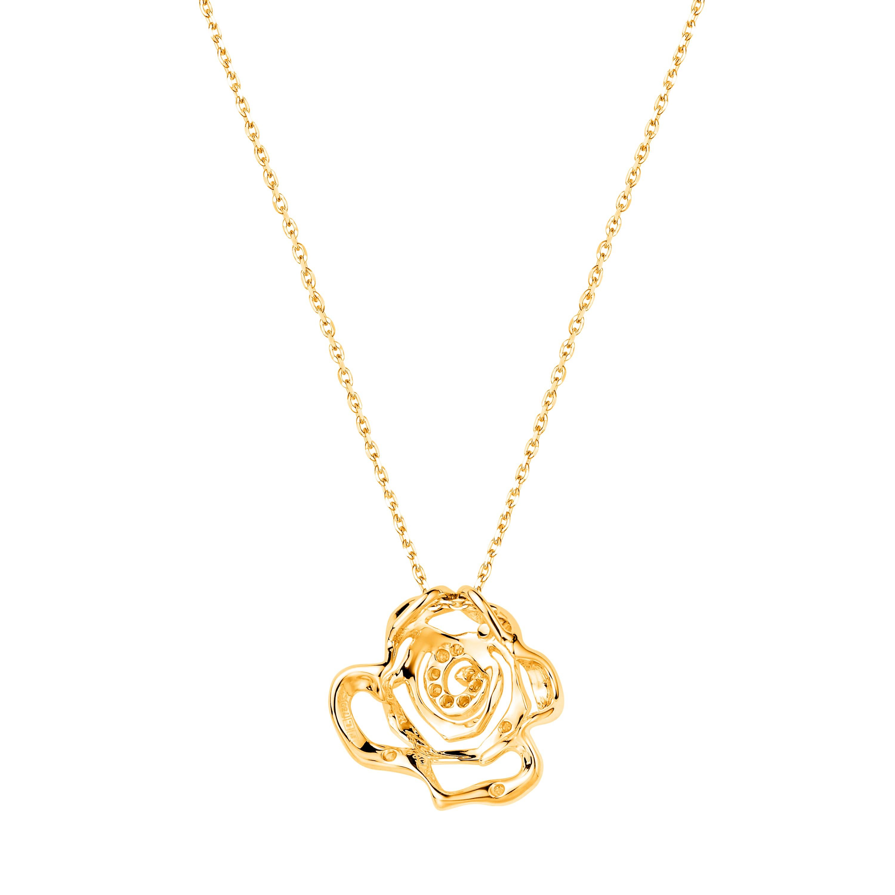 As enchanting as the real-life flower, the Rose collection offers a modern yet feminine look. This rose-inspired pendant features shimmering diamonds with a total weight of 0.012ct, set in 18ct yellow gold.

- Size (LxWxD): 12 x 12 x 4mm
- Weight:
