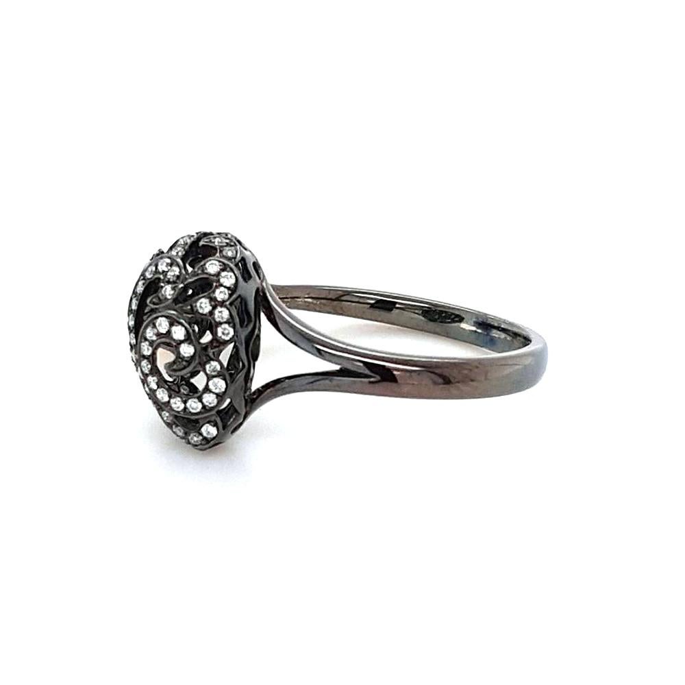 Contemporary Fei Liu Diamond and Pearl 18 Karat Black Gold Small Filigree Egg Double Ring For Sale