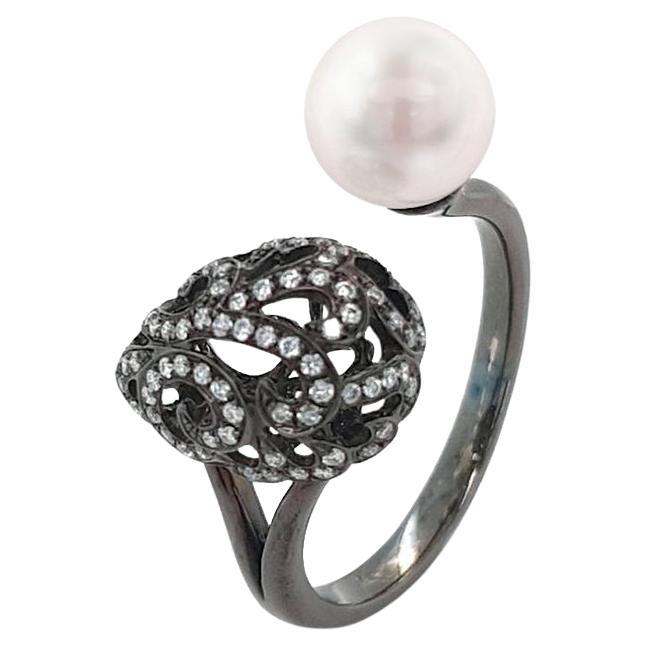 Fei Liu Diamond and Pearl 18 Karat Black Gold Small Filigree Egg Double Ring For Sale