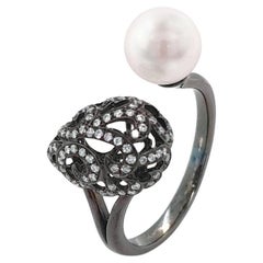 Fei Liu Diamond and Pearl 18 Karat Black Gold Small Filigree Egg Double Ring