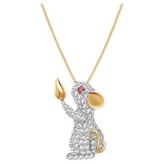 Collier à pendentif souris en or jaune 18 carats, diamants et rubis Fei Liu