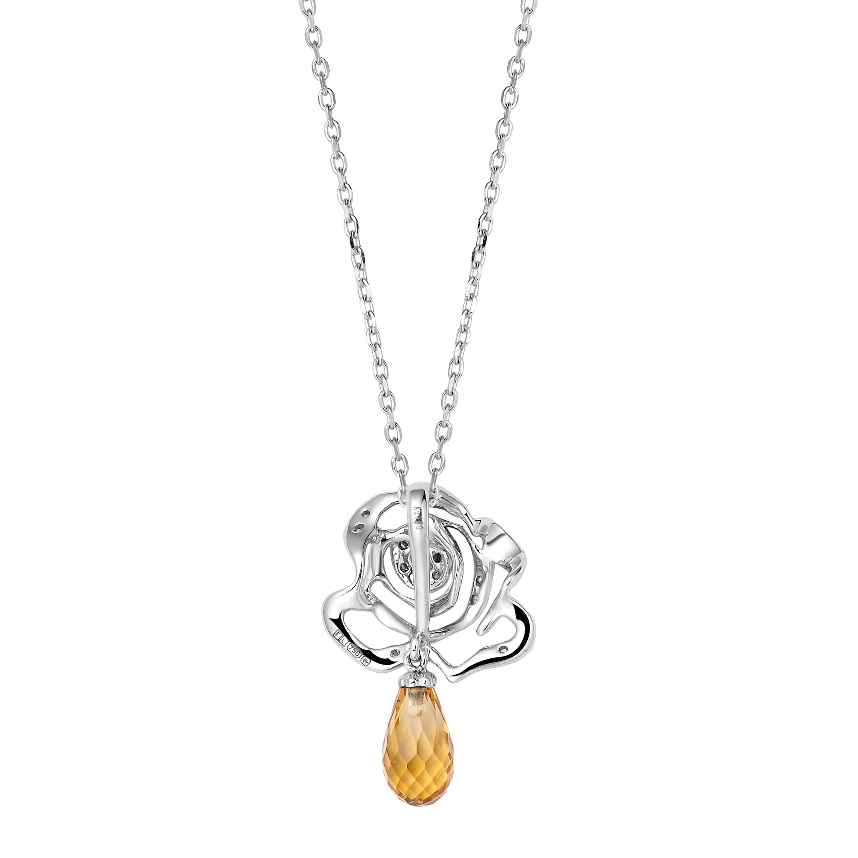 Description:
As enchanting as the real-life flower, the Rose collection offers a modern yet feminine look. This pendant features delicate 18ct white gold rose set with 0.02ct diamond and suspends a vibrant 0.8ct citrine