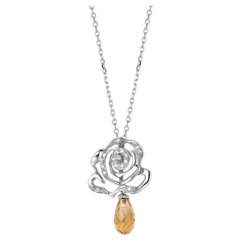 Fei Liu Diamond Citrine Briolette 18 Karat White Gold Rose Pendant For Sale