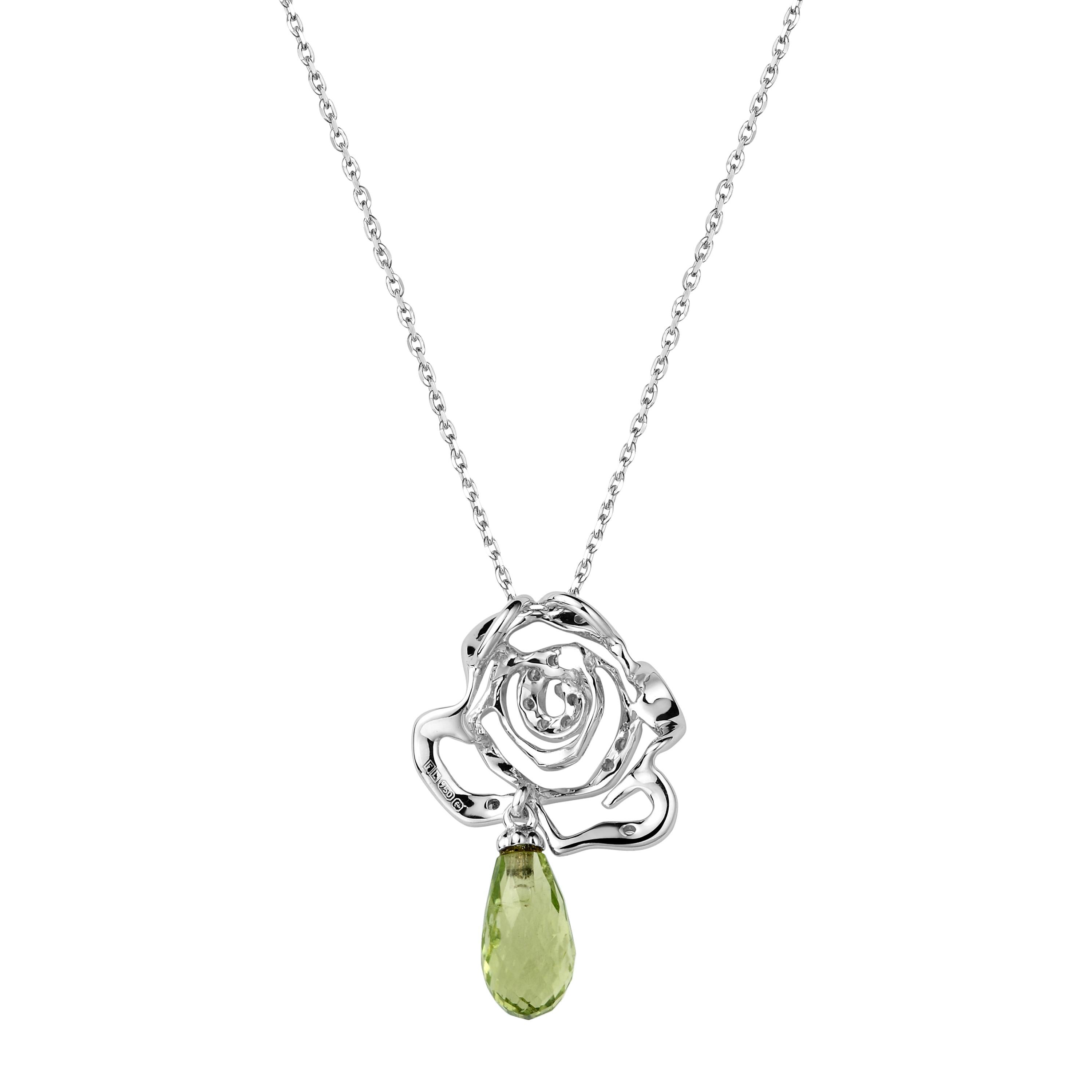 Description:
As enchanting as the real-life flower, the Rose collection offers a modern yet feminine look. This pendant features delicate 18ct white gold rose set with 0.02ct diamond and suspends a verdant 0.8ct peridot